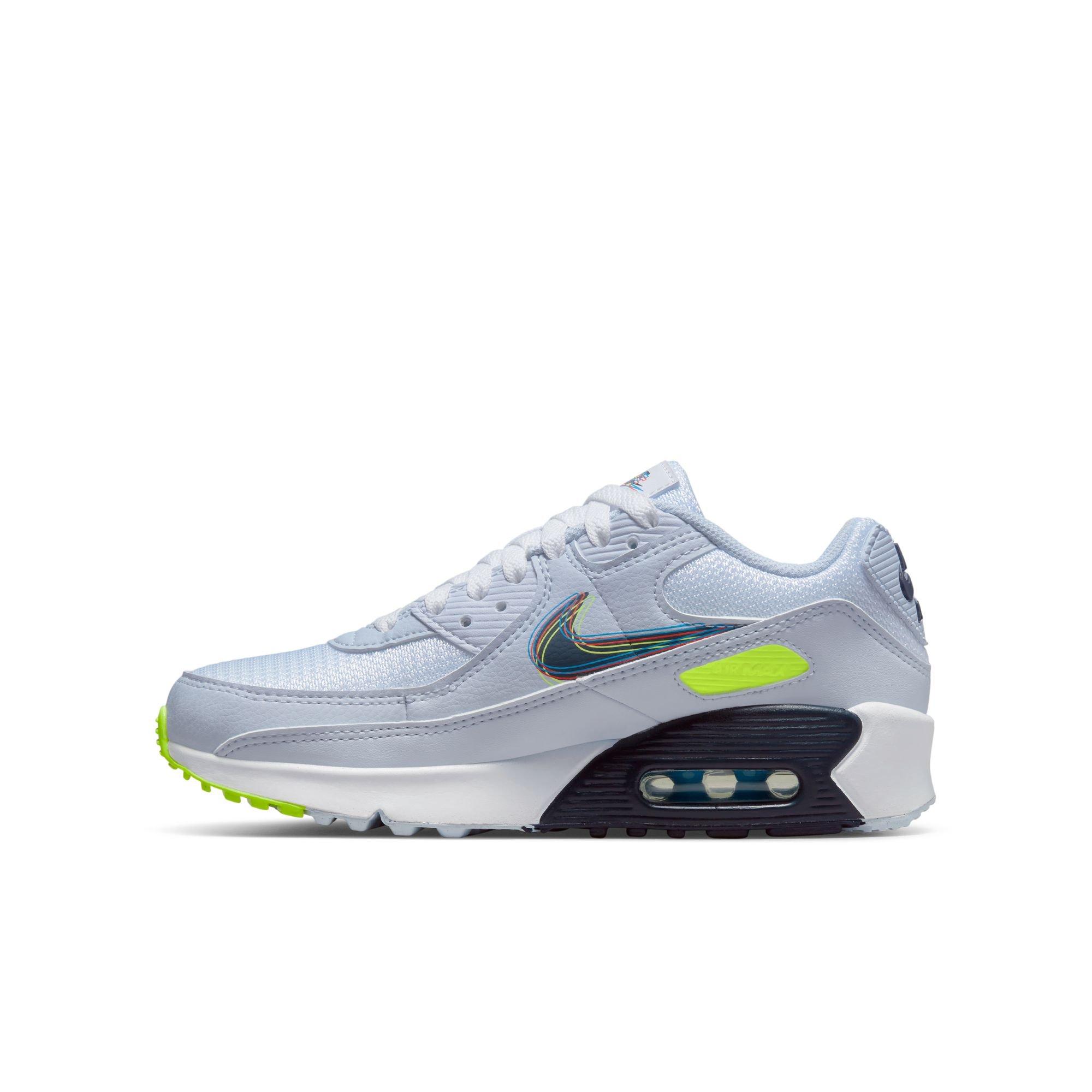 Nike Air Max 90 "White/Blackened Blue/Volt/Football Grey" Grade School Boys' Shoe - BLUE/GREEN Thumbnail View 6