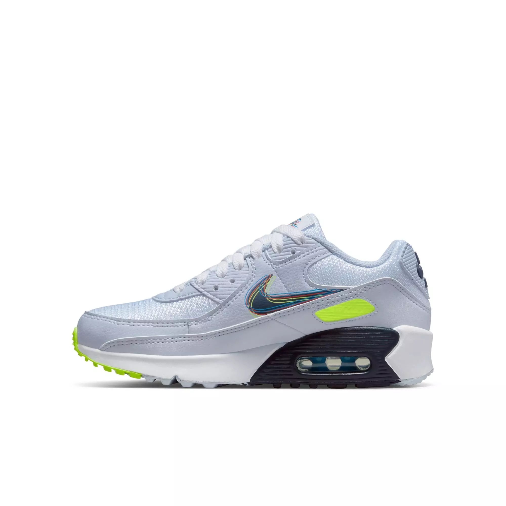 Nike Air Max 90 "White/Blackened Blue/Volt/Football Grey" Grade School Boys' Shoe - BLUE/GREEN