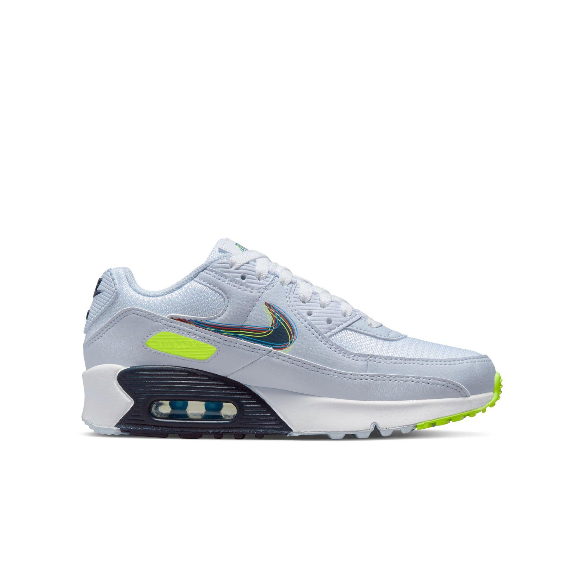 Nike Air Max 90 "White/Blackened Blue/Volt/Football Grey" Grade School Boys' Shoe - BLUE/GREEN Thumbnail View 2