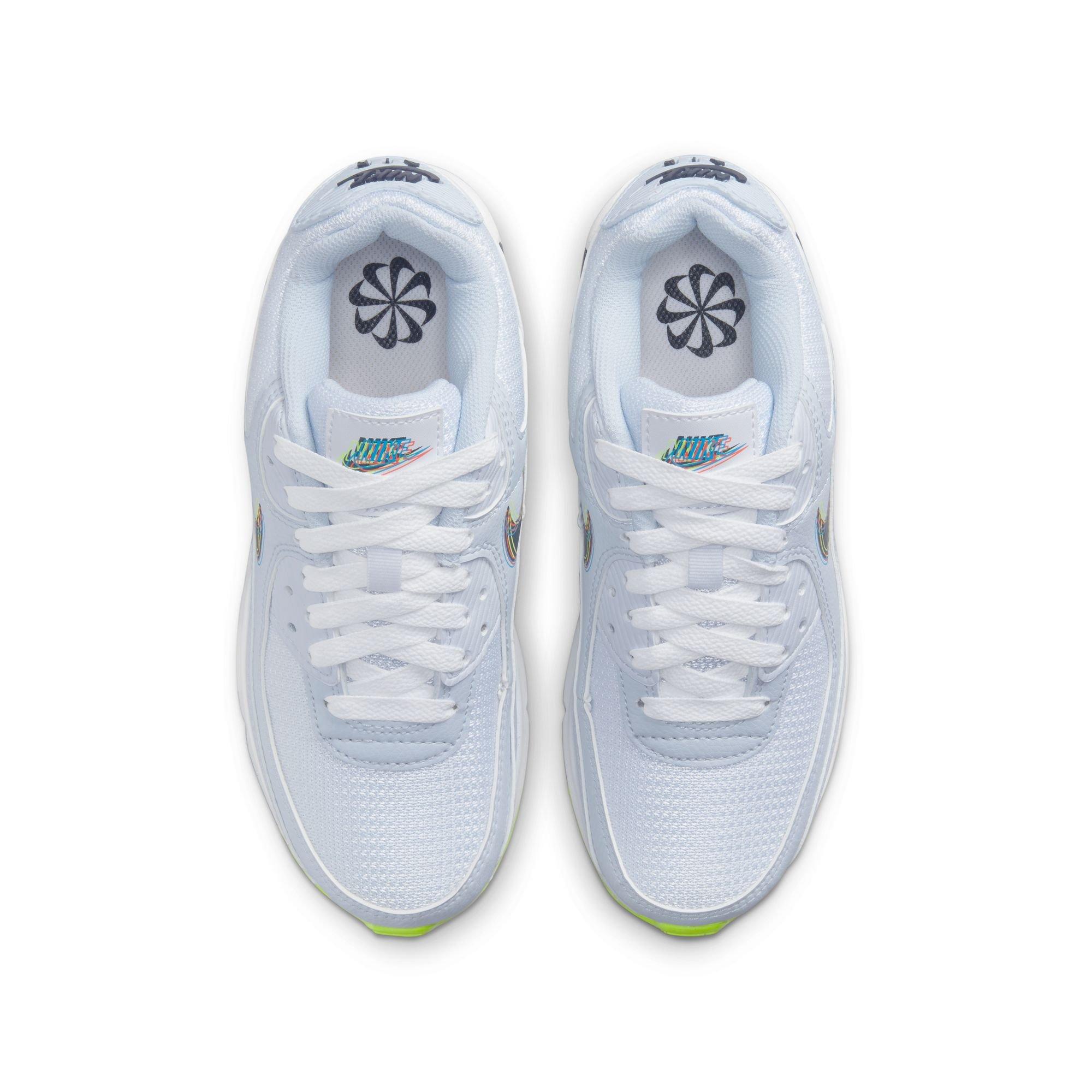 Nike Air Max 90 "White/Blackened Blue/Volt/Football Grey" Grade School Boys' Shoe - BLUE/GREEN Thumbnail View 8