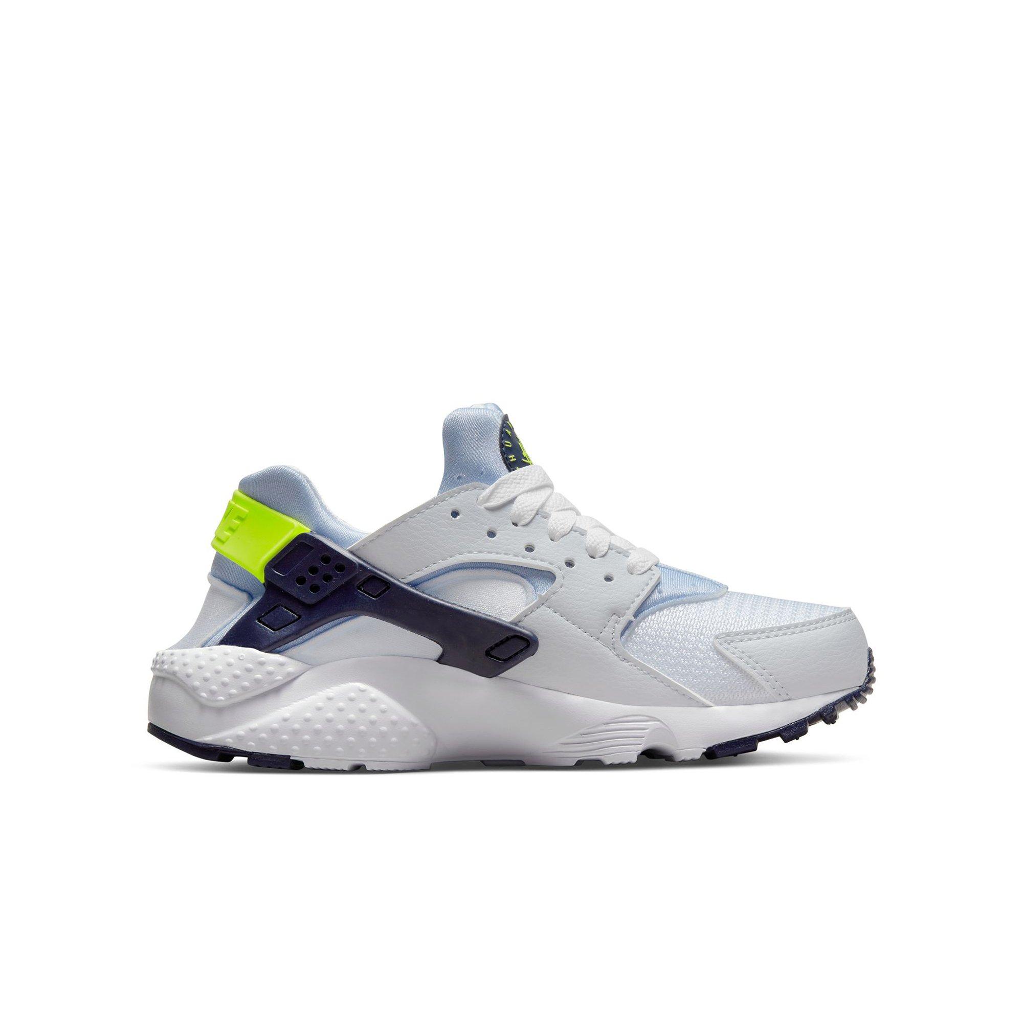 Nike Huarache Run "White/Blackened Blue/Volt/Football Grey" Grade School Shoe - Hibbett | City Gear