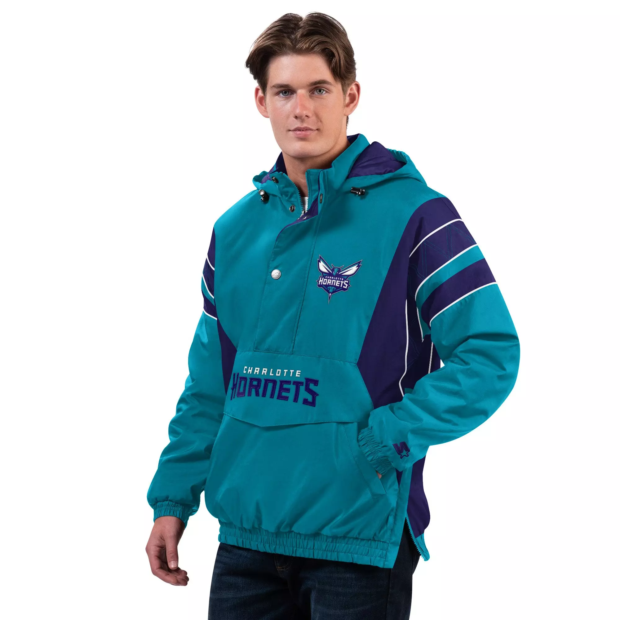 Starter Men's Charlotte Hornets Half-Zip Pullover Hooded Jacket-Purple/Teal - PURPLE/TEAL