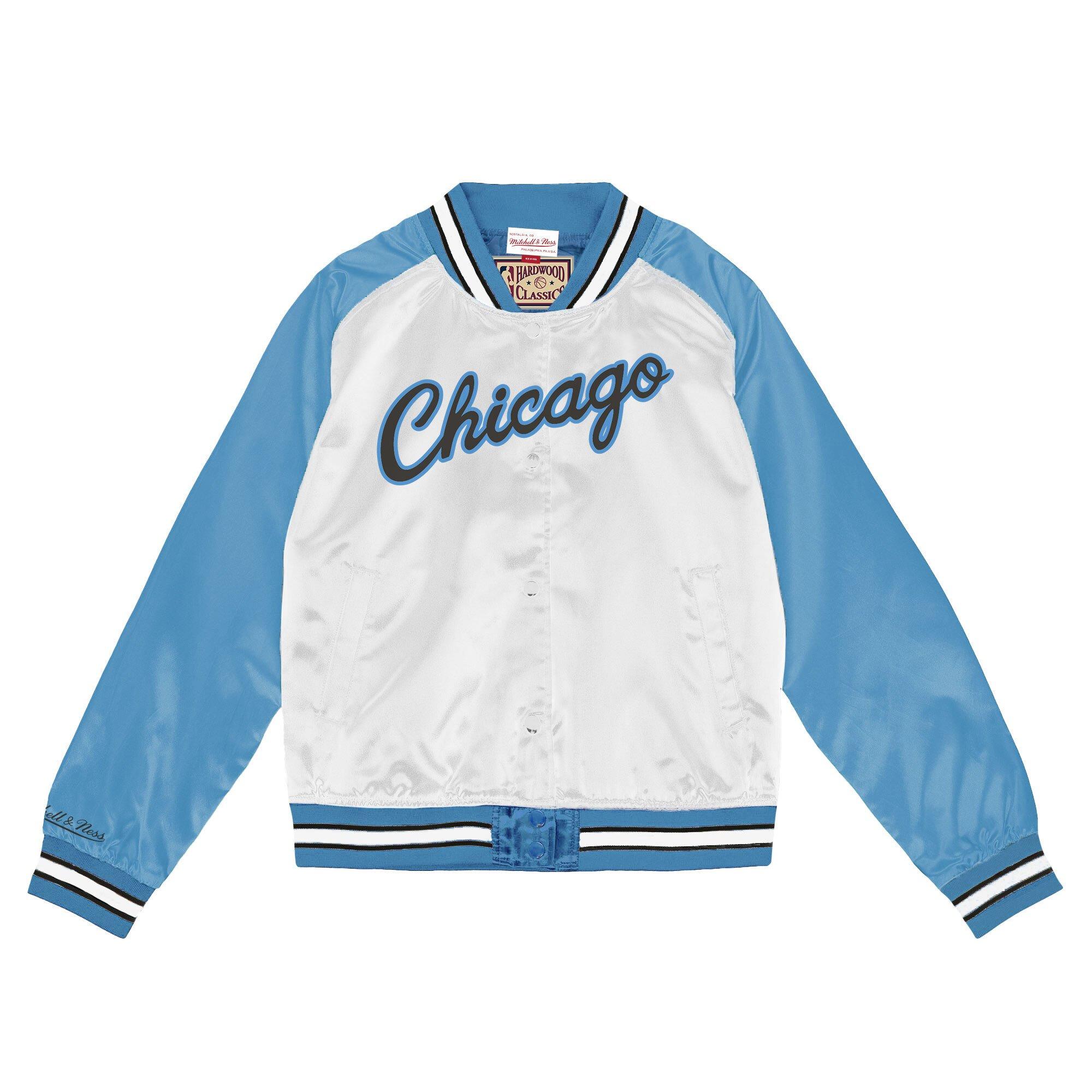 Mitchell & Ness Men's Chicago Bulls NBA AJ Retro 11 "Carolina Blue" Satin Jacket-White/Light Blue - WHITE/LT BLUE Thumbnail View 1
