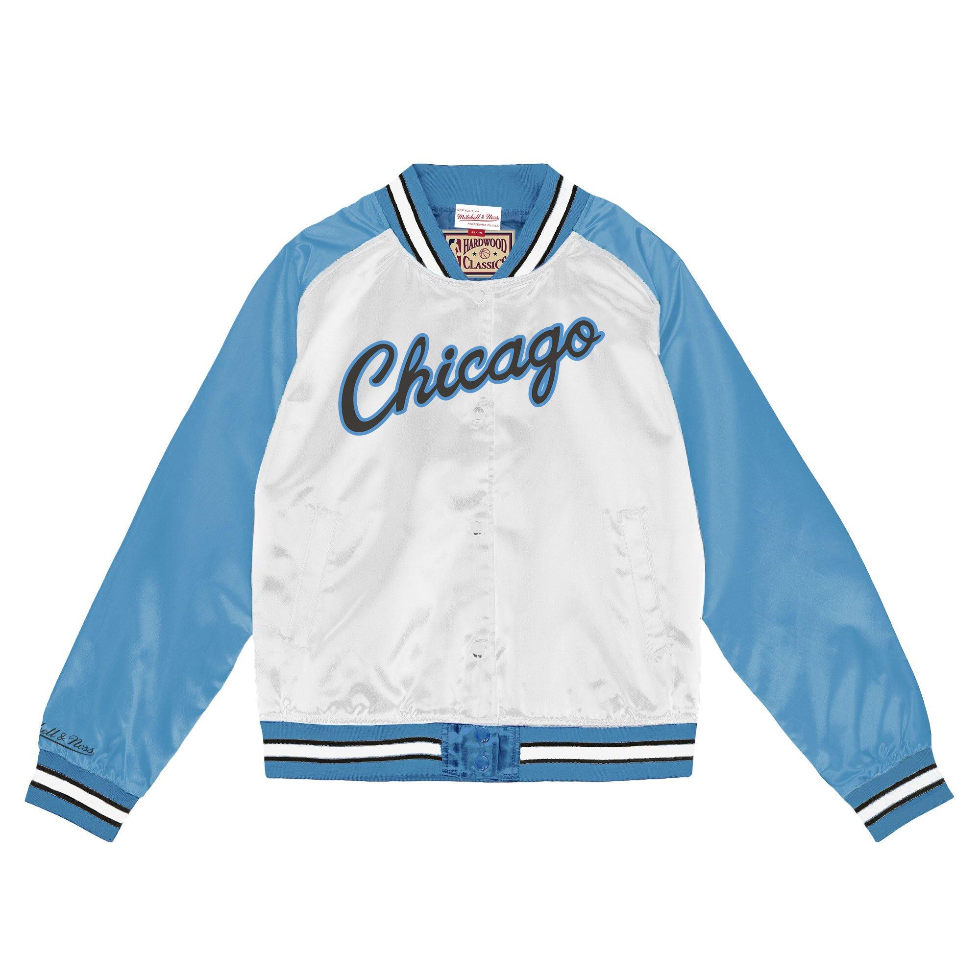 Mitchell & Ness Men's Chicago Bulls NBA AJ Retro 11 "Carolina Blue" Satin Jacket-White/Light Blue - WHITE/LT BLUE