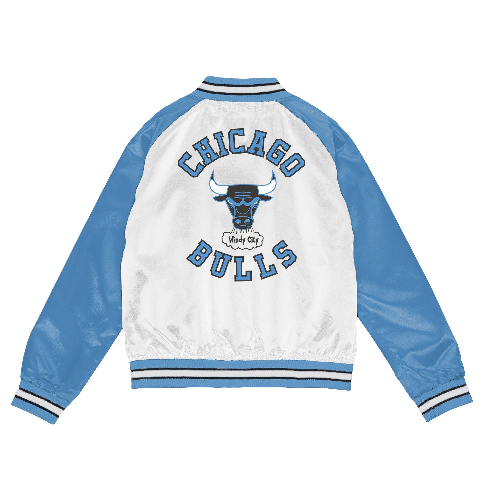 Mitchell & Ness Men's Chicago Bulls NBA AJ Retro 11 "Carolina Blue" Satin Jacket-White/Light Blue - WHITE/LT BLUE Thumbnail View 2