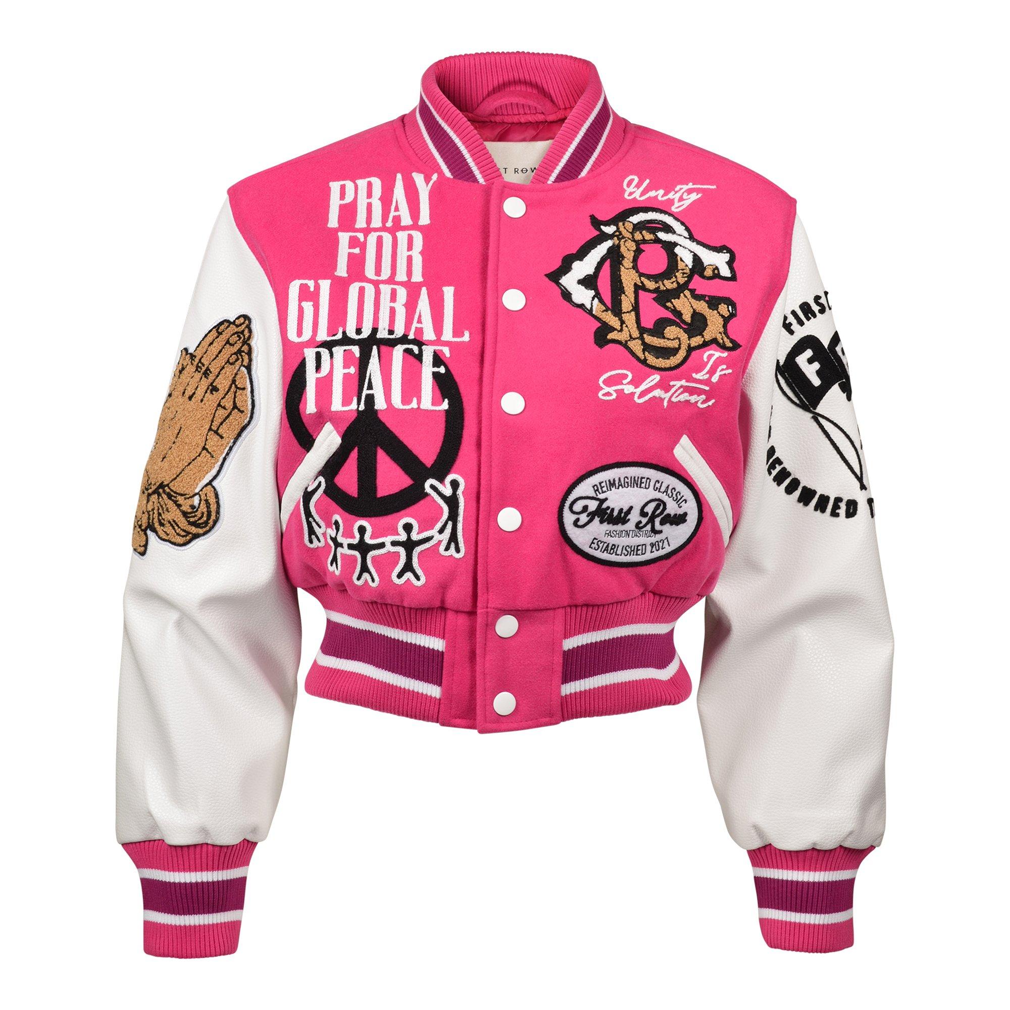 First Row Women's Cropped Varsity Peace Jacket - Pink - PINK