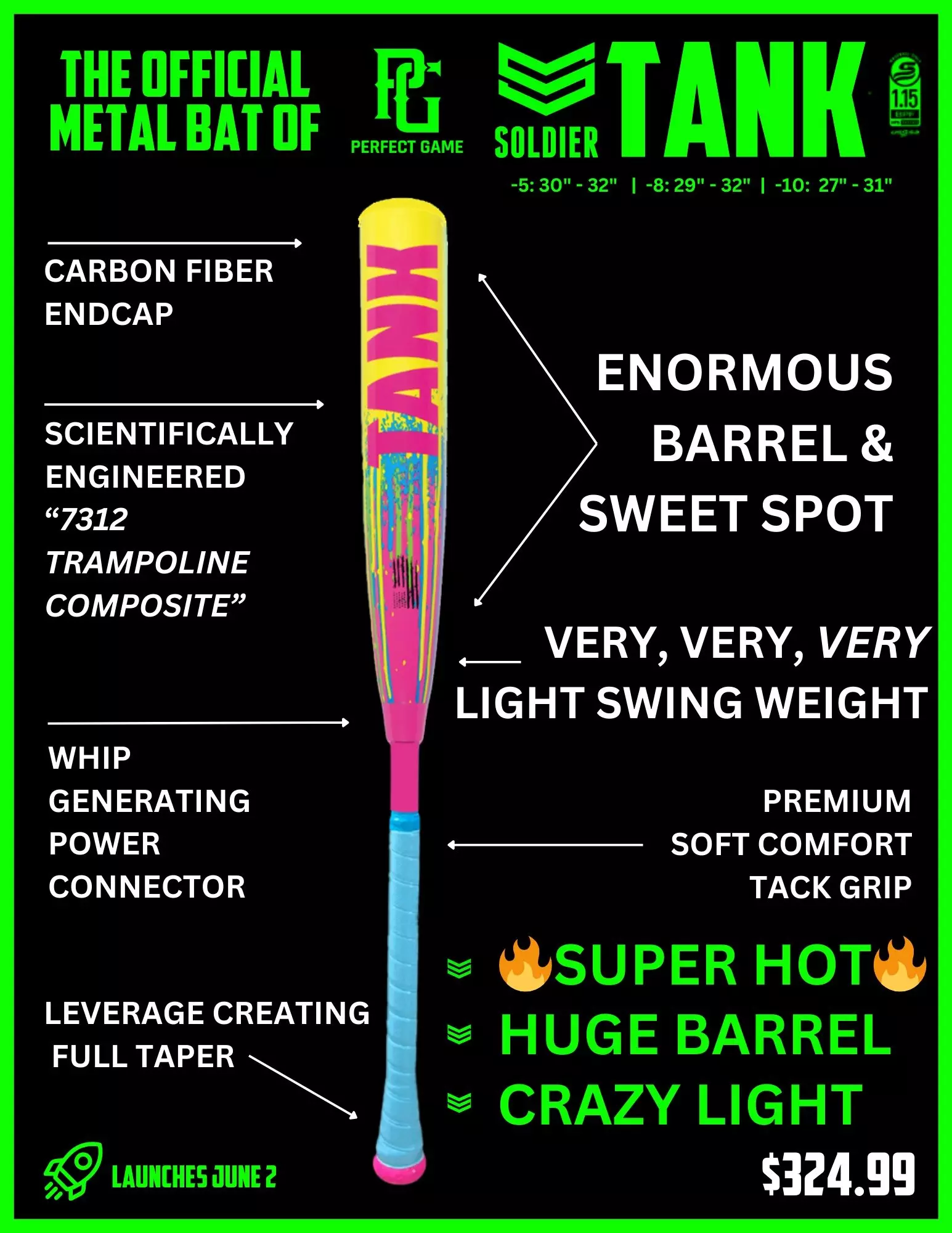 Soldier Sports Tank USSSA Baseball Bat (-10) 2025 - MULTI-COLOR