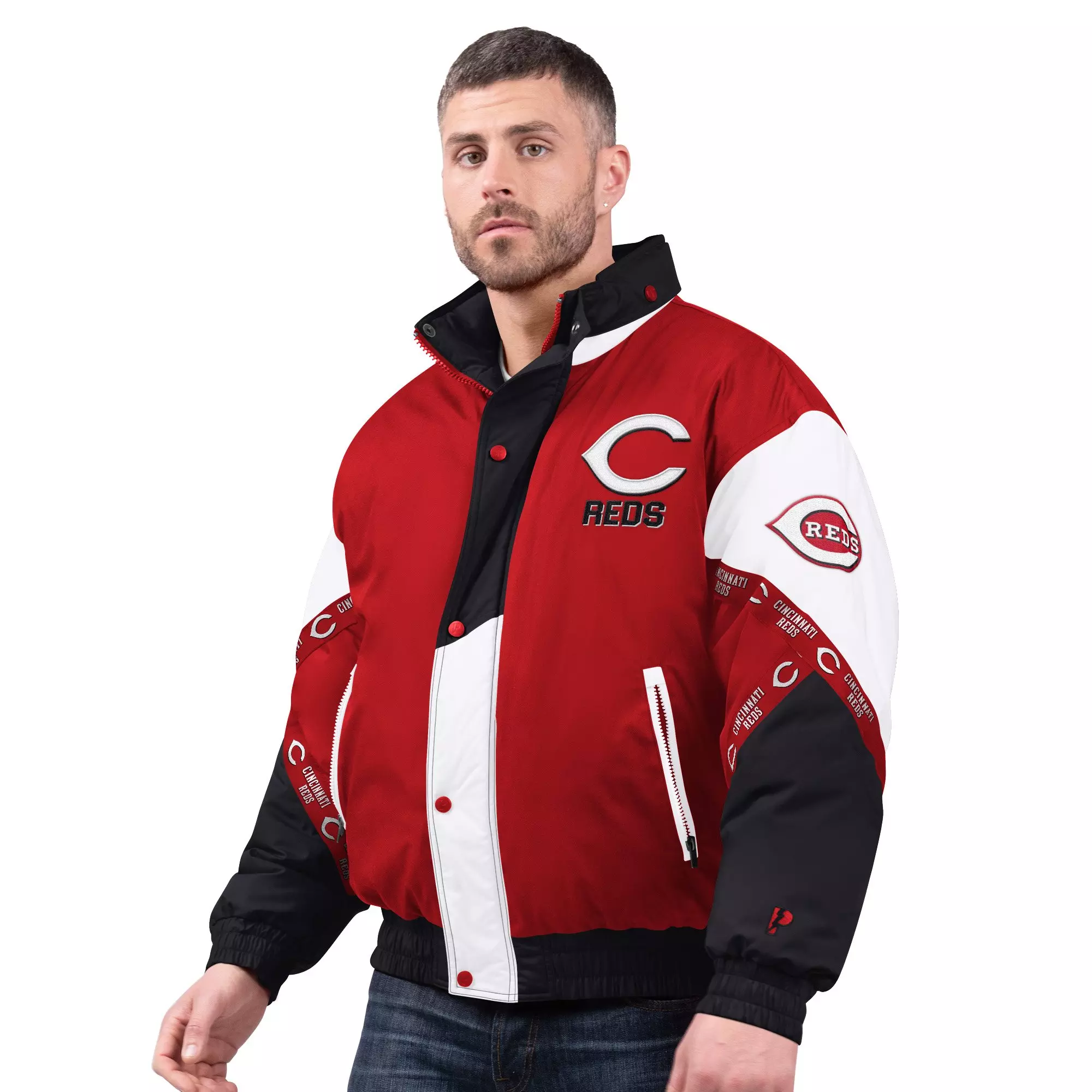 Starter Men's Cincinnati Reds Tape Jacket-Red/Black - RED/BLACK