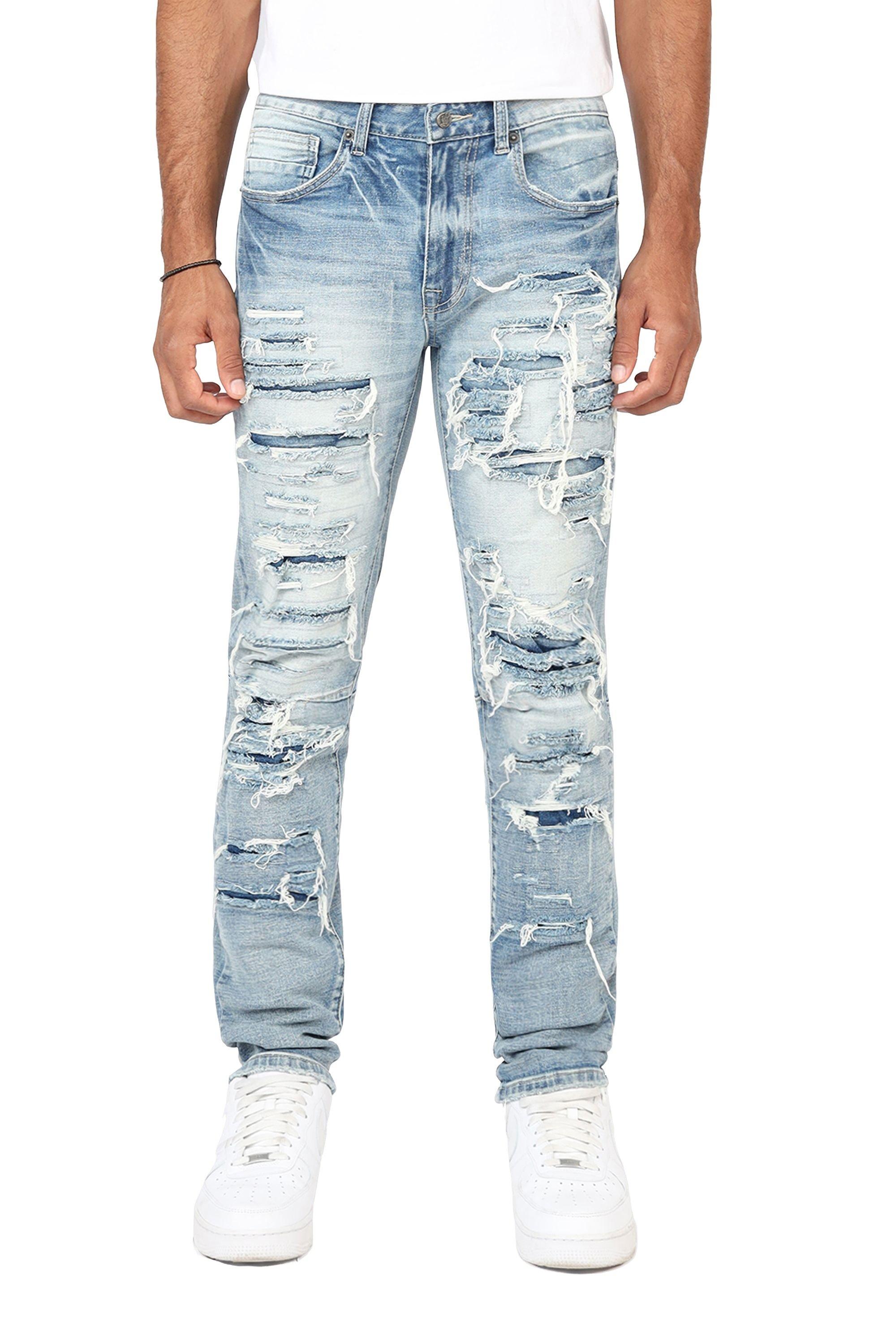 Grindhouse Ashley Slim Fit Heavy Rip N Repair Denim Men's Jeans - BLUE