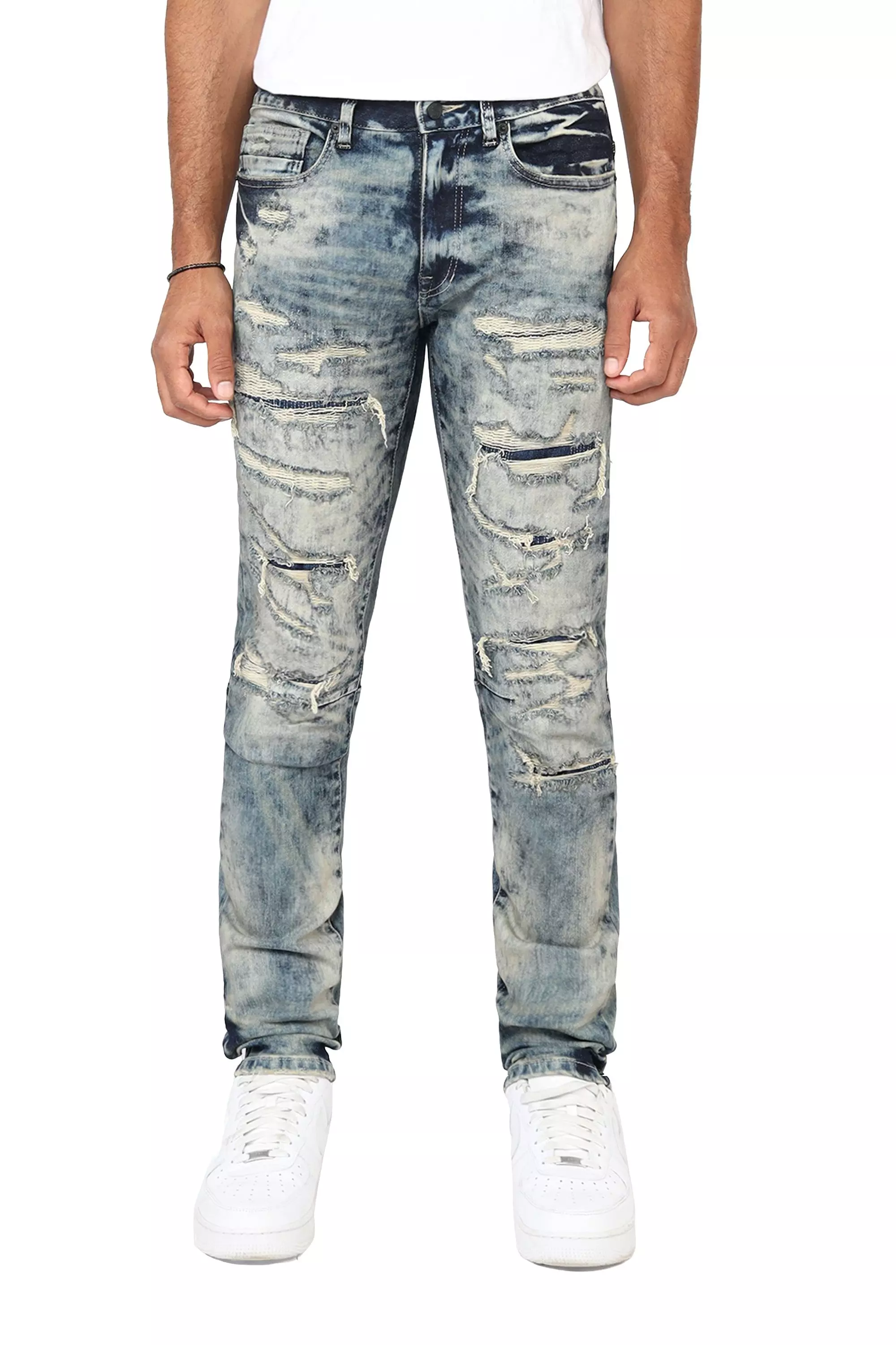 Grindhouse Men's Ross Blue Slim Fit Taper Vintage Baking Effect Denim Jeans - BLUE