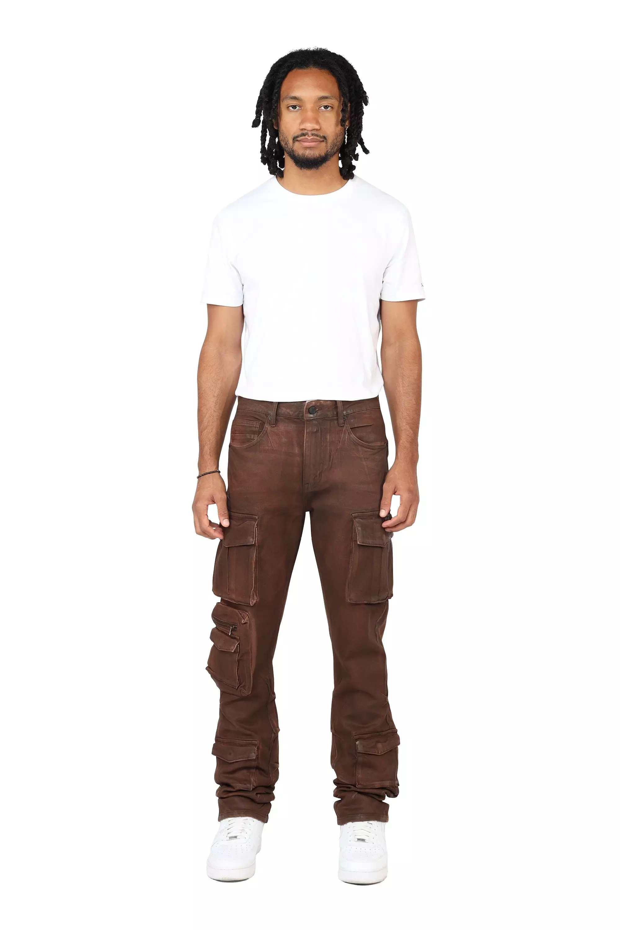 Grindhouse Men's Bourbon Brown Straight Fit Waxed Cargo Jeans - BROWN