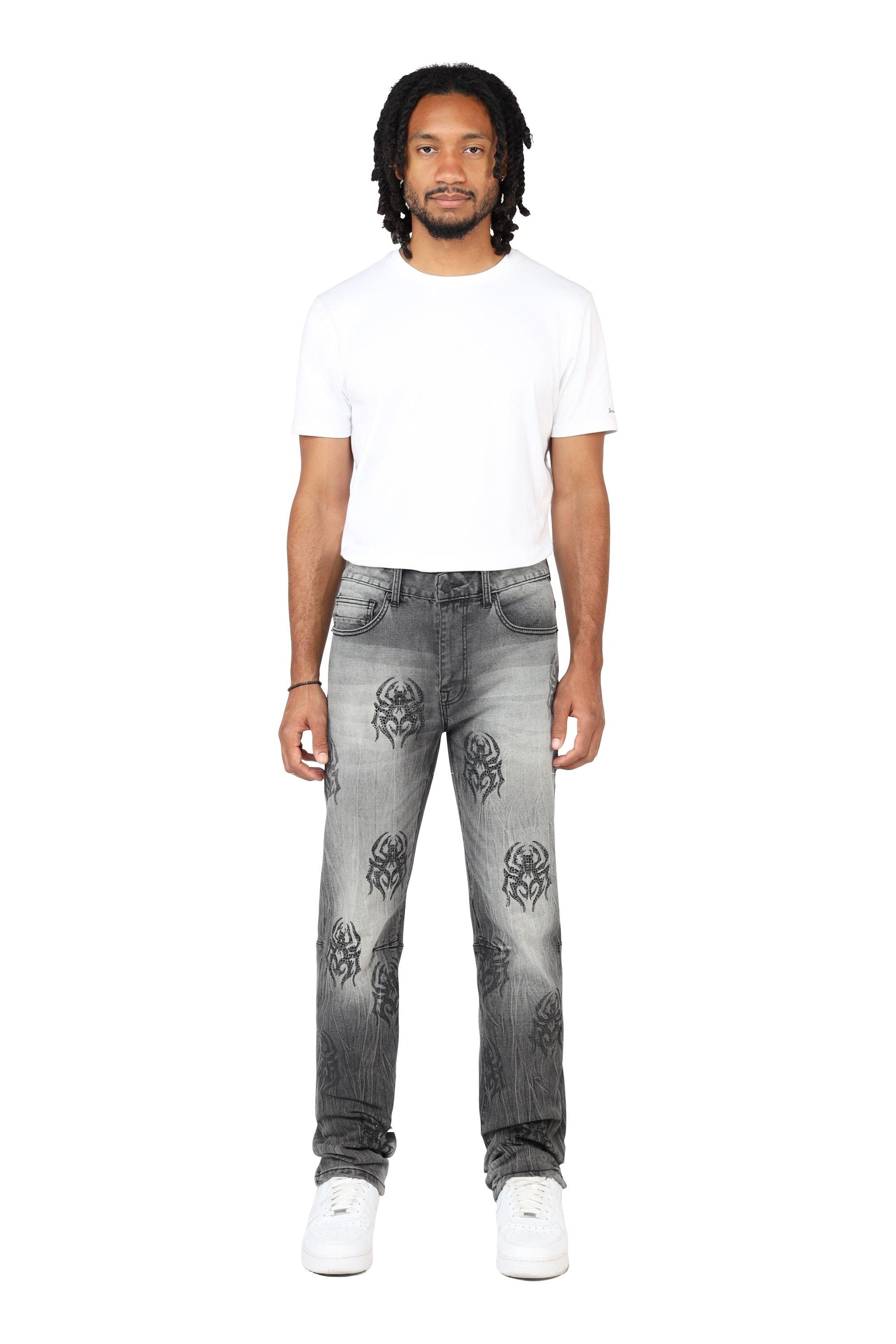 Grindhouse Pluto Grey Straight Fit Spider Rhinestone Men's Jeans - GREY