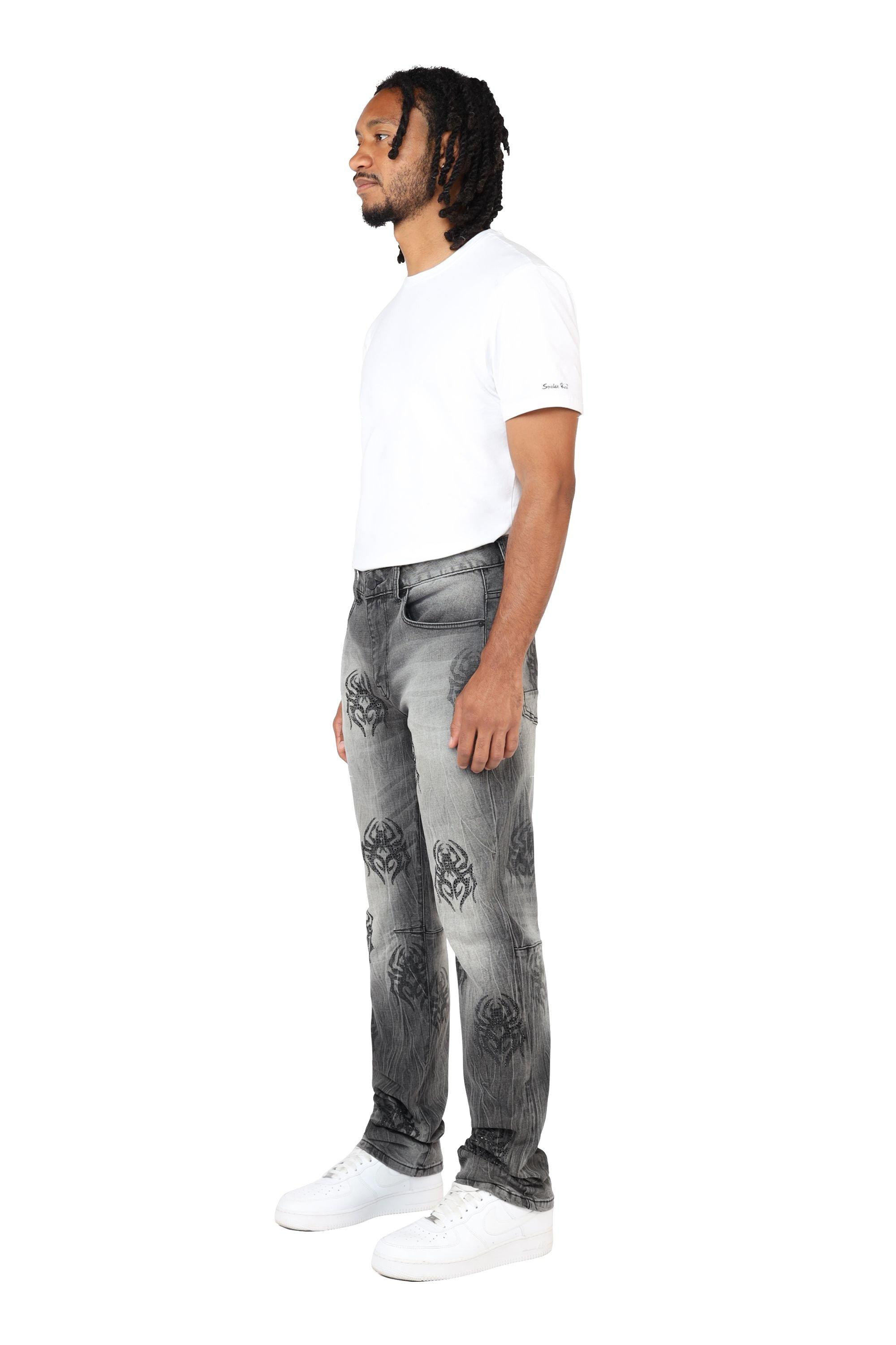 Grindhouse Pluto Grey Straight Fit Spider Rhinestone Men's Jeans