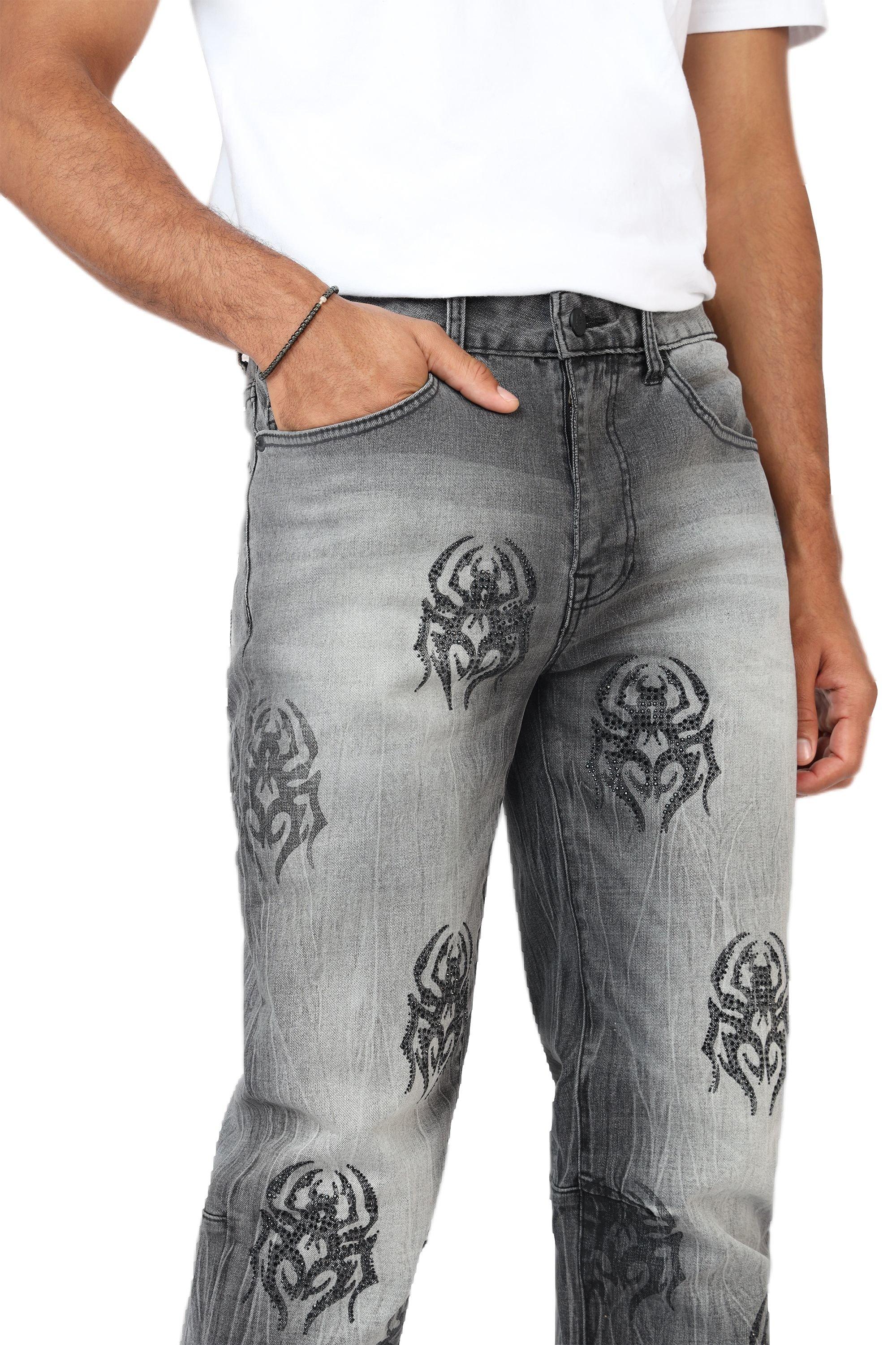 Grindhouse Pluto Grey Straight Fit Spider Rhinestone Men's Jeans