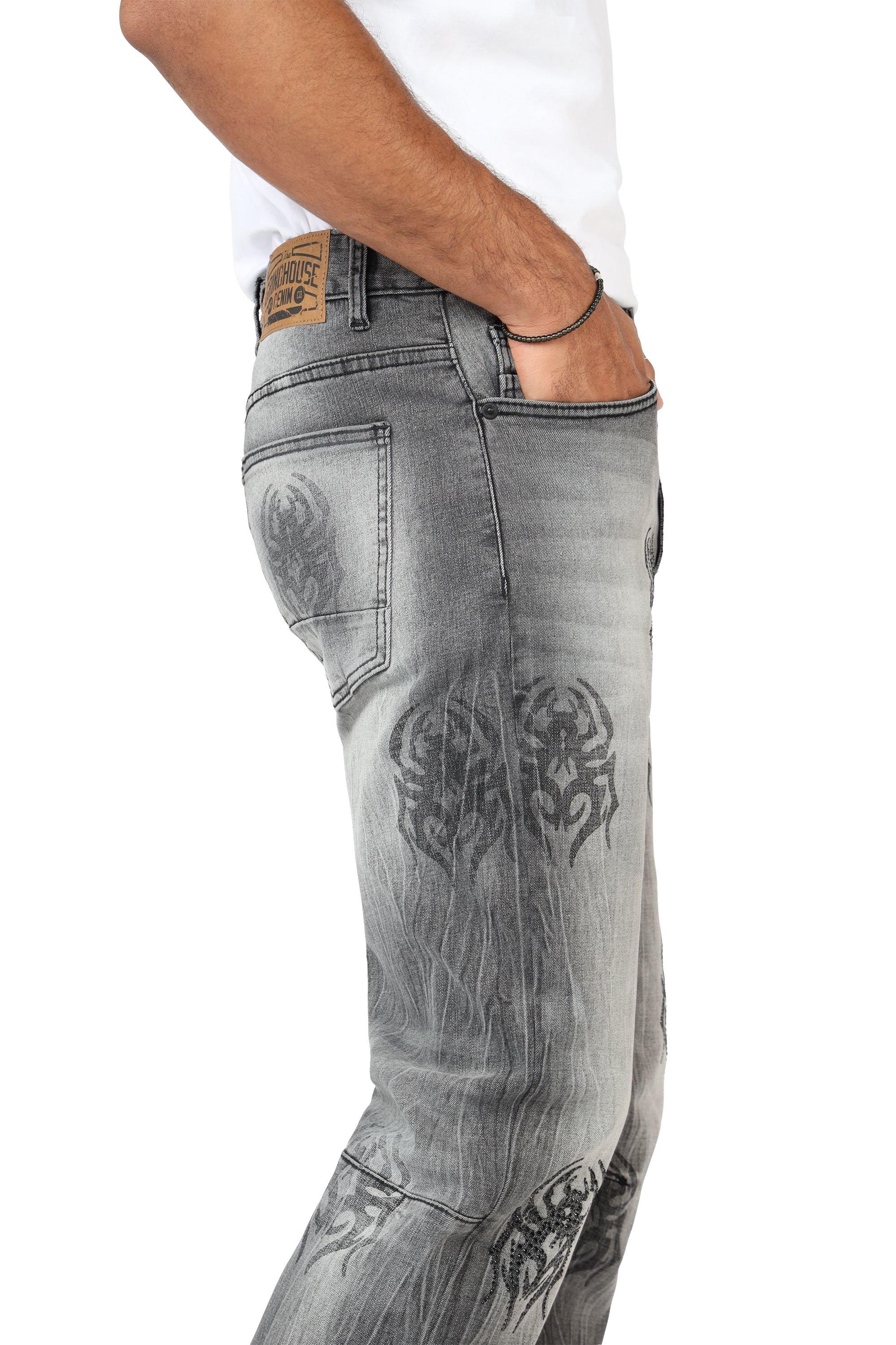 Grindhouse Pluto Grey Straight Fit Spider Rhinestone Men's Jeans