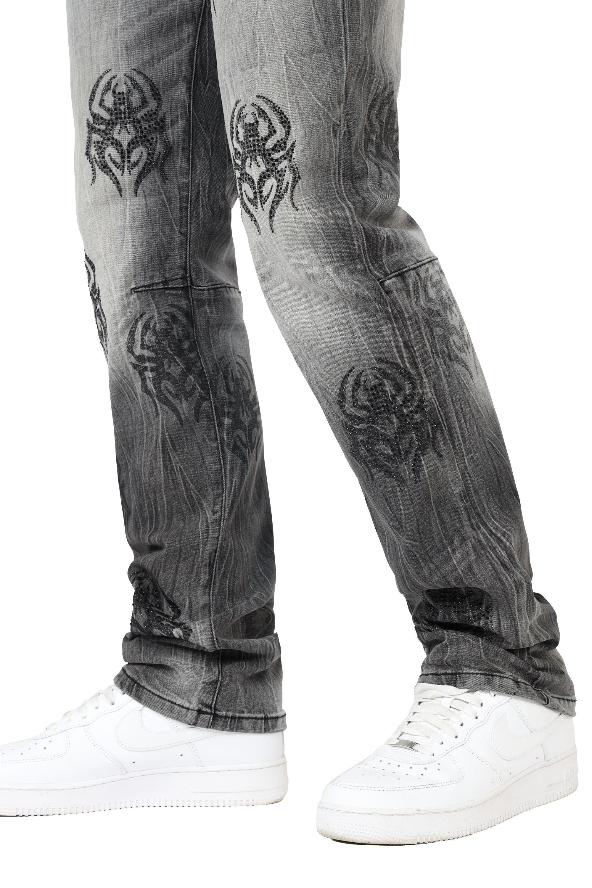 Grindhouse Pluto Grey Straight Fit Spider Rhinestone Men's Jeans