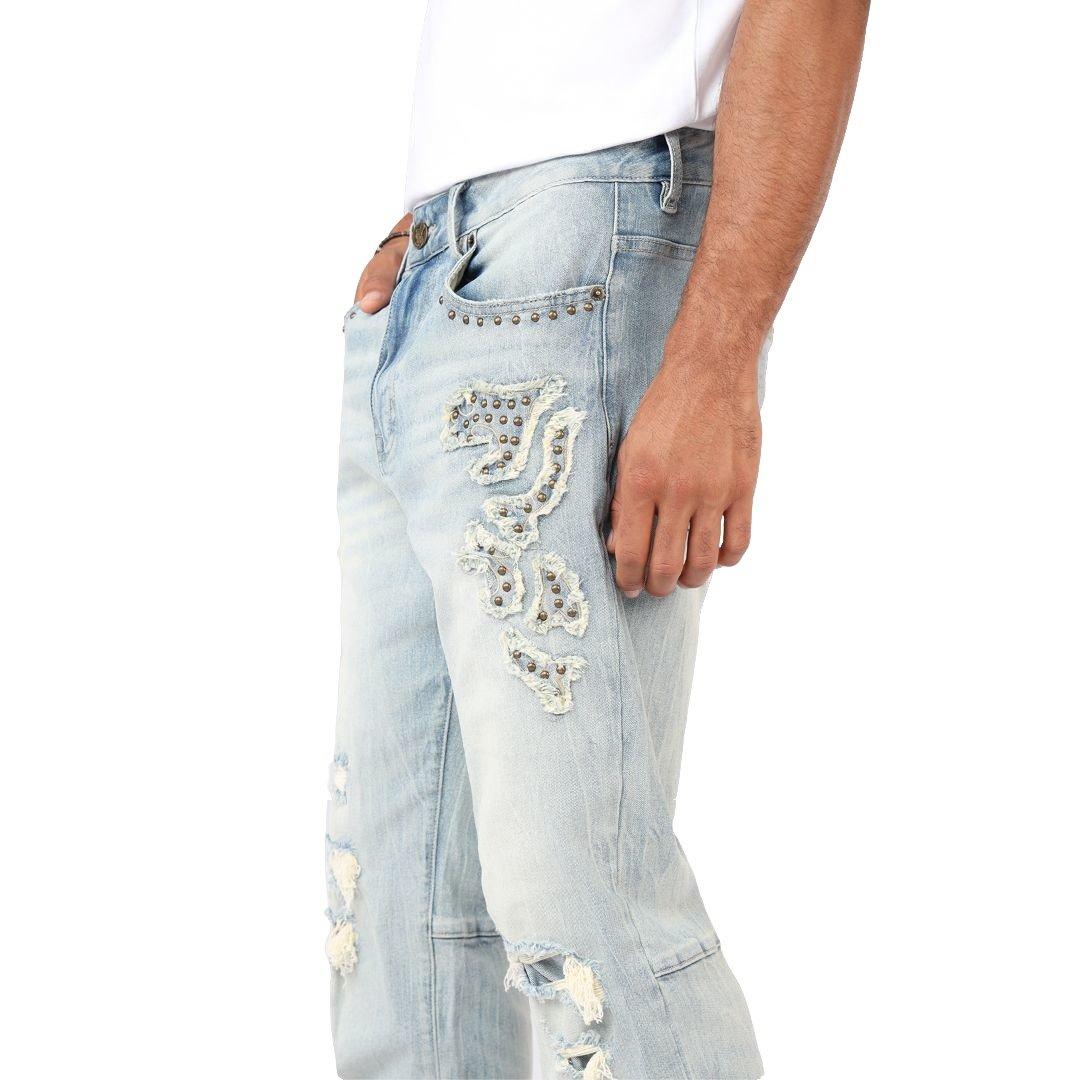 Grindhouse Straight Fit Western Studded Men's Milky Blue Jeans