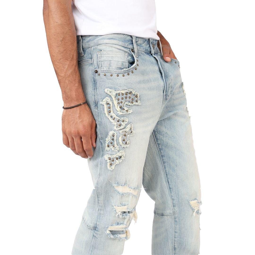 Grindhouse Straight Fit Western Studded Men's Milky Blue Jeans