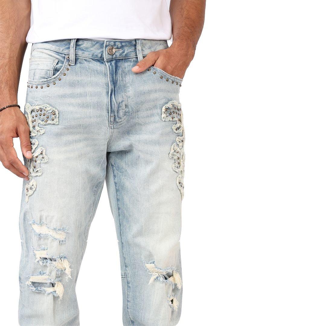 Grindhouse Straight Fit Western Studded Men's Milky Blue Jeans