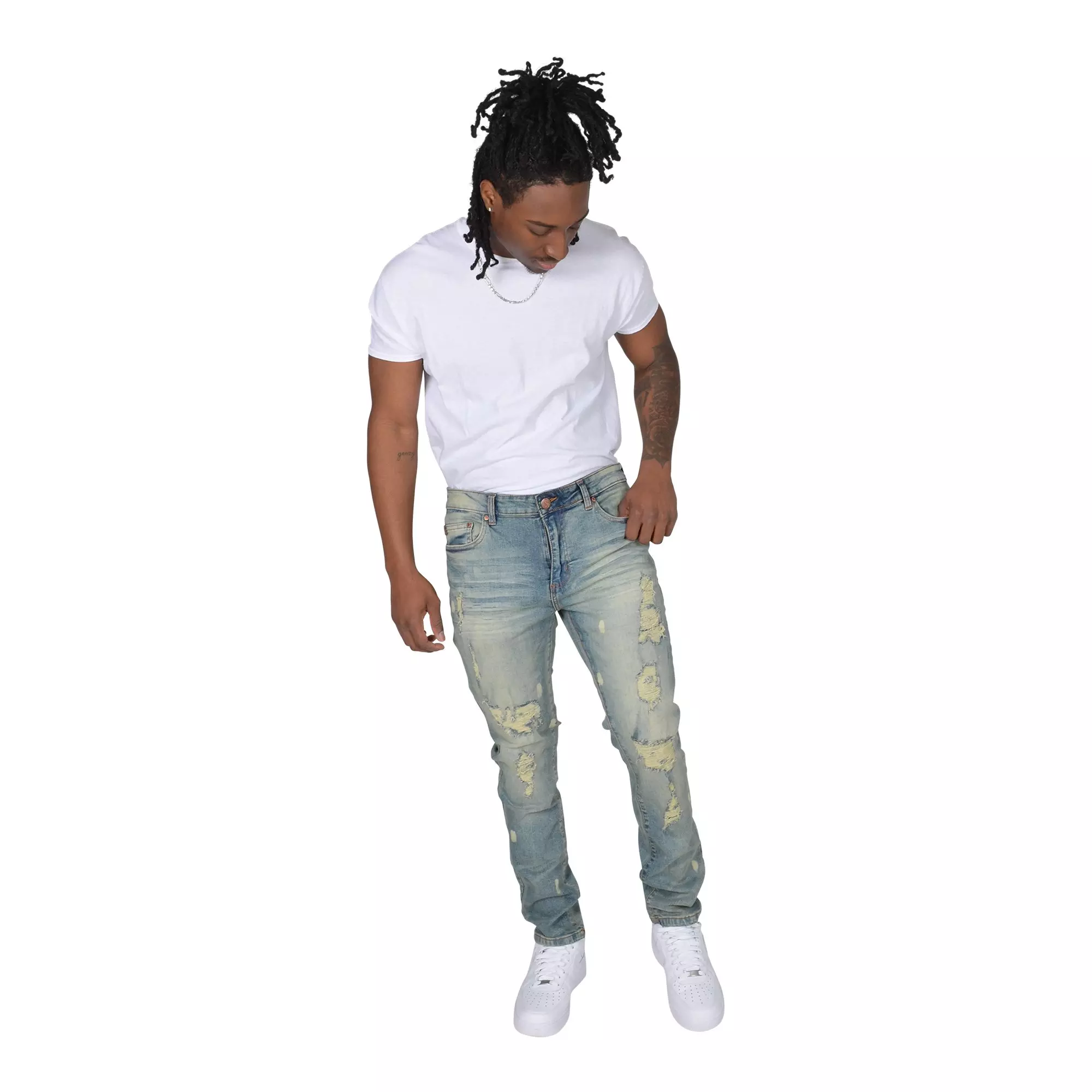 Grindhouse Men's Blue Vintage Ripped With Bleach Denim Jeans - BLUE