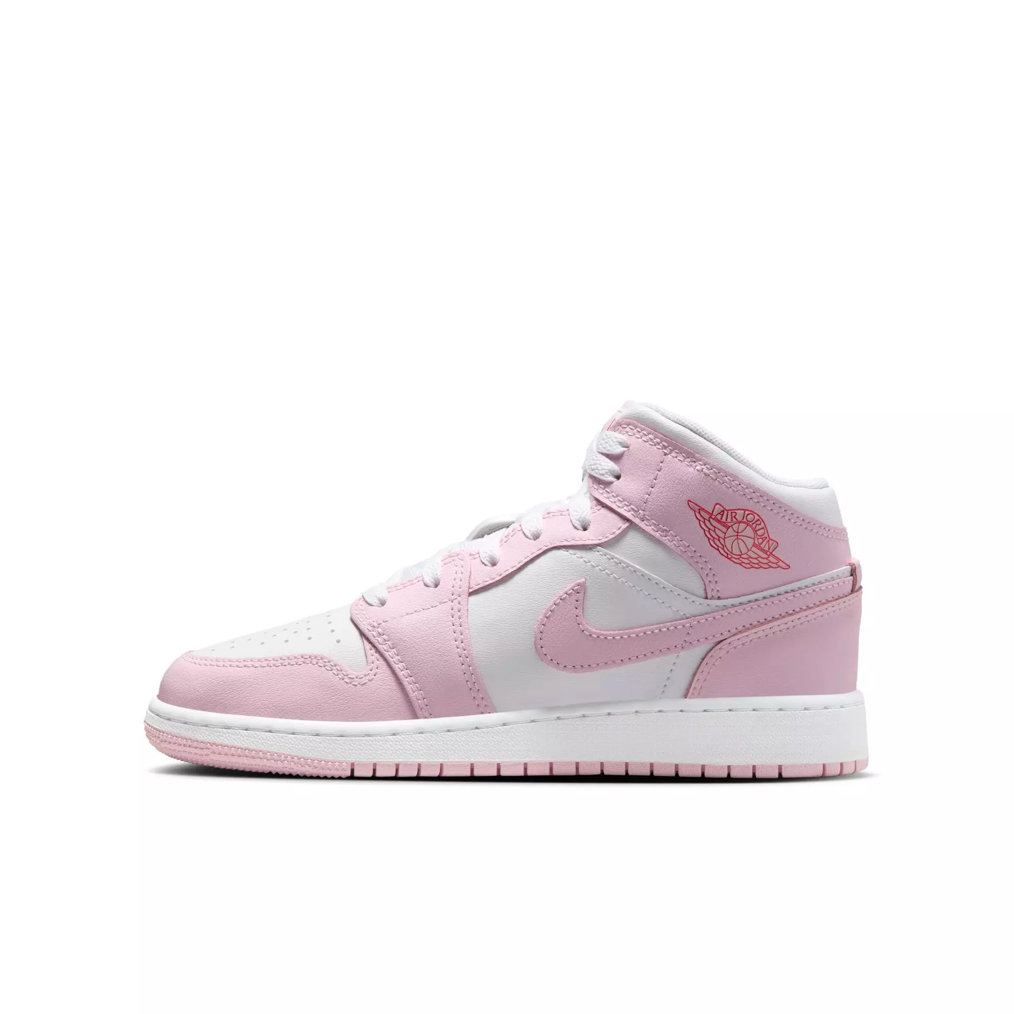 Jordan 1 Mid "Pink Foam/White/Fire Red" Grade School Girls' Shoe - WHITE/PINK