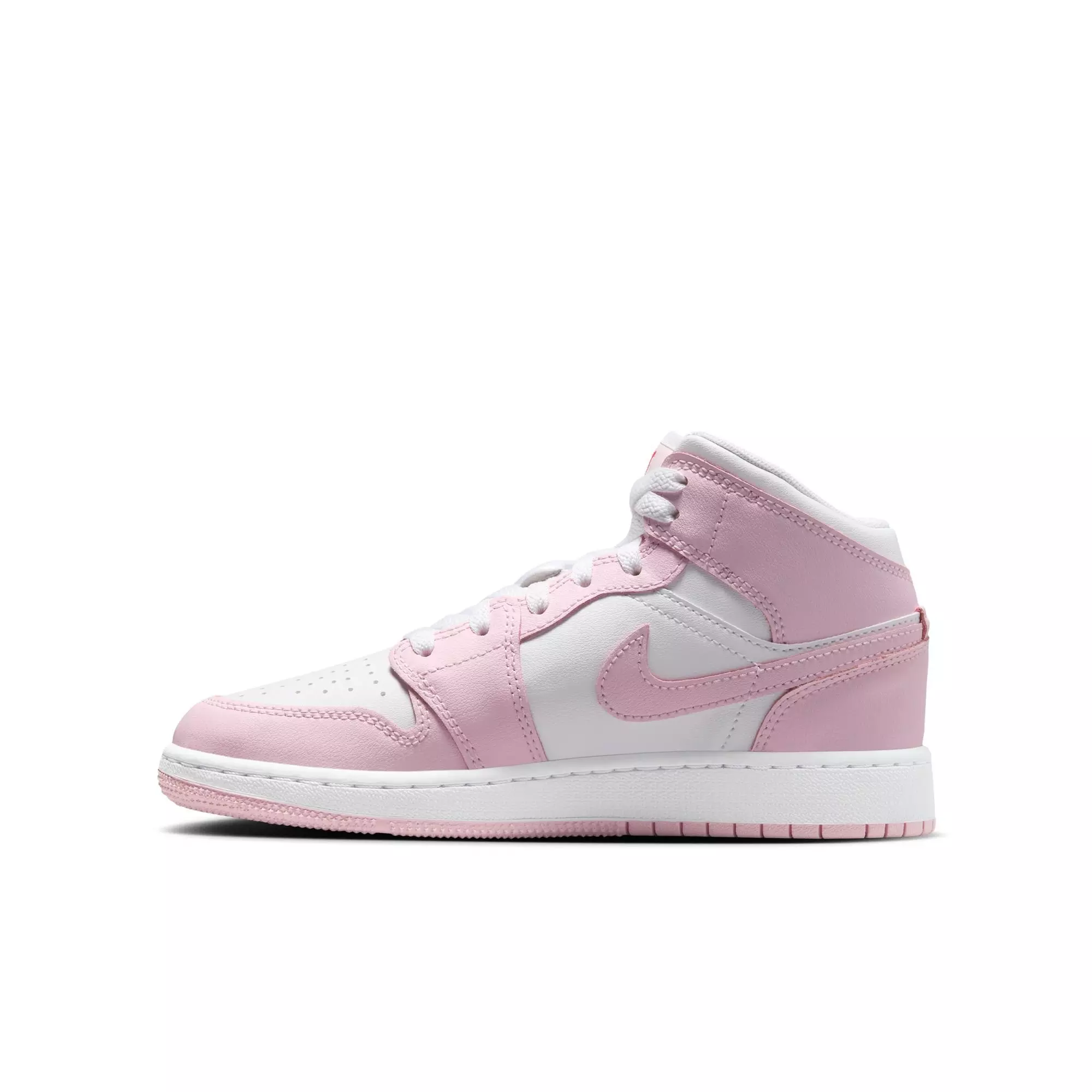 Jordan 1 Mid "Pink Foam/White/Fire Red" Grade School Girls' Shoe - WHITE/PINK