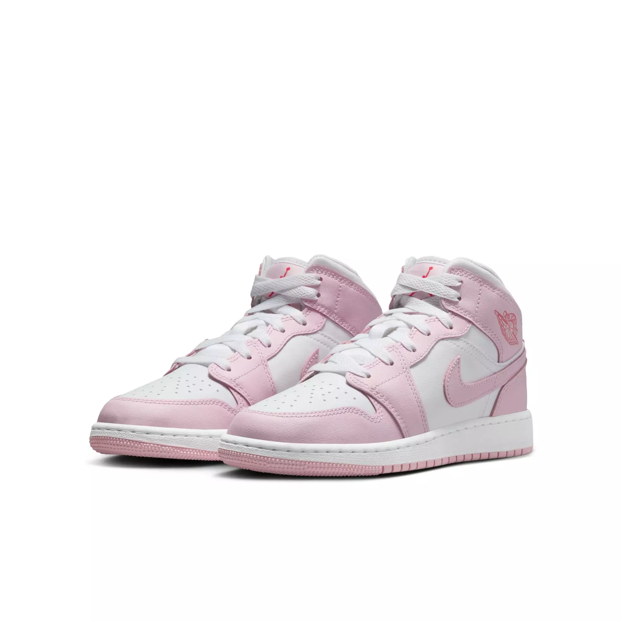 Jordan 1 Mid "Pink Foam/White/Fire Red" Grade School Girls' Shoe - WHITE/PINK