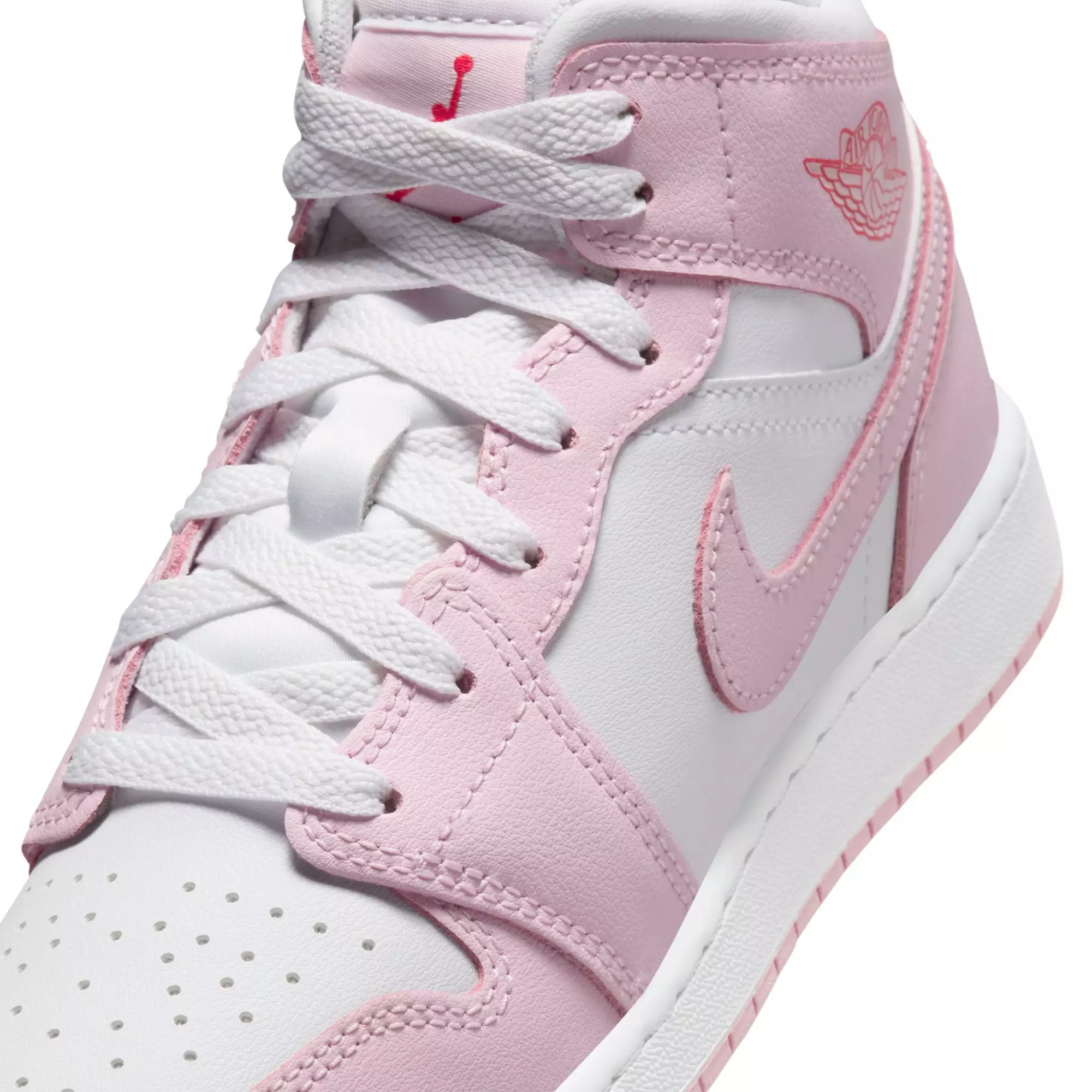 Jordan 1 Mid "Pink Foam/White/Fire Red" Grade School Girls' Shoe - WHITE/PINK