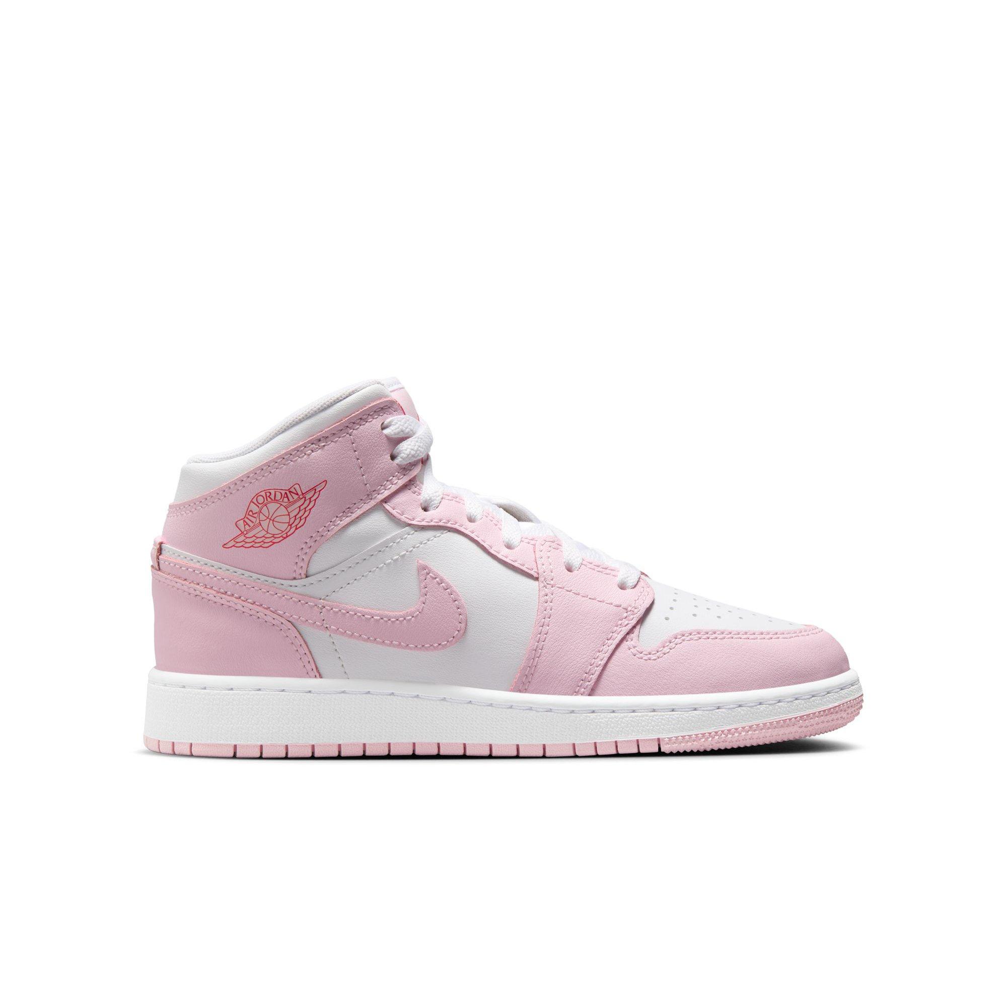 Jordan 1 Mid "Pink Foam/White/Fire Red" Grade School Girls' Shoe - WHITE/PINK