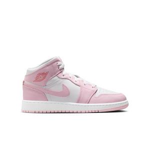 Jordan 1 Mid "Pink Foam/White/Fire Red" Grade School Girls' Shoe