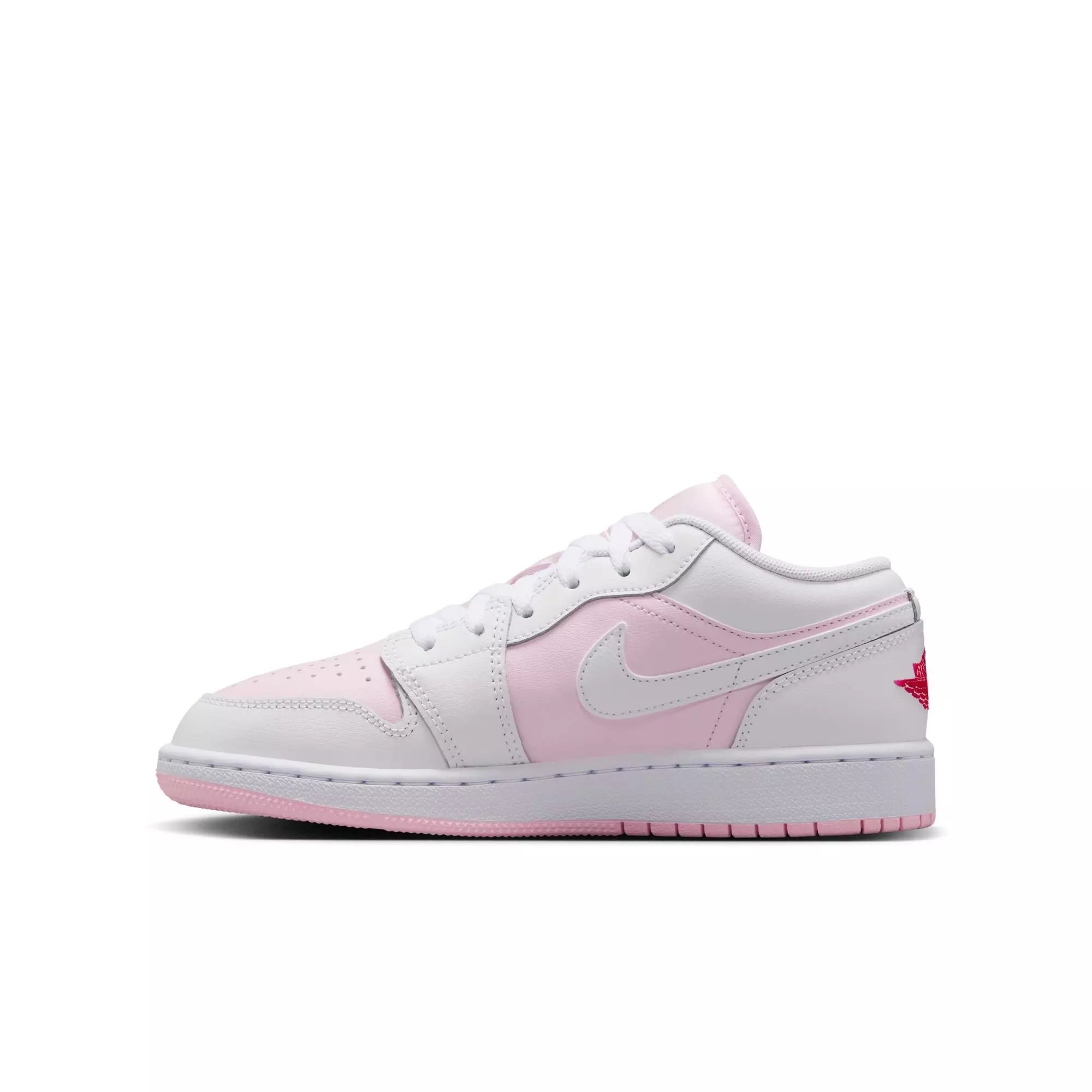 Jordan 1 Low "Pink Foam/White/Fire Red" Grade School Girls' Shoe - WHITE/PINK