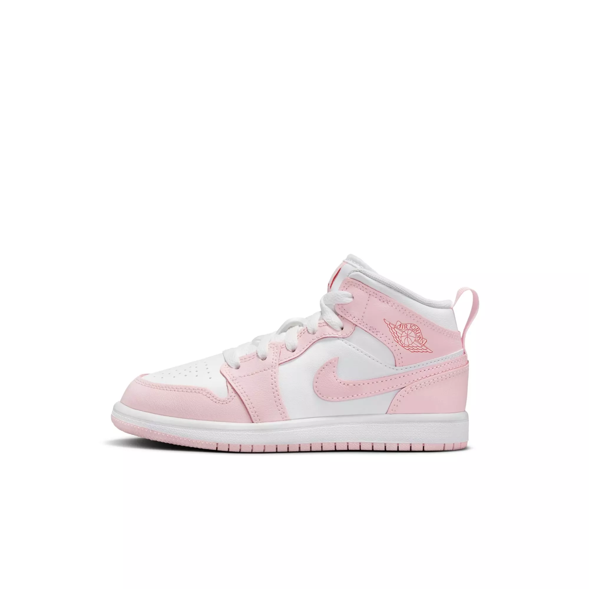 Jordan 1 Mid "Pink Foam/White/Fire Red" Preschool Girls' Shoe - PINK/WHITE