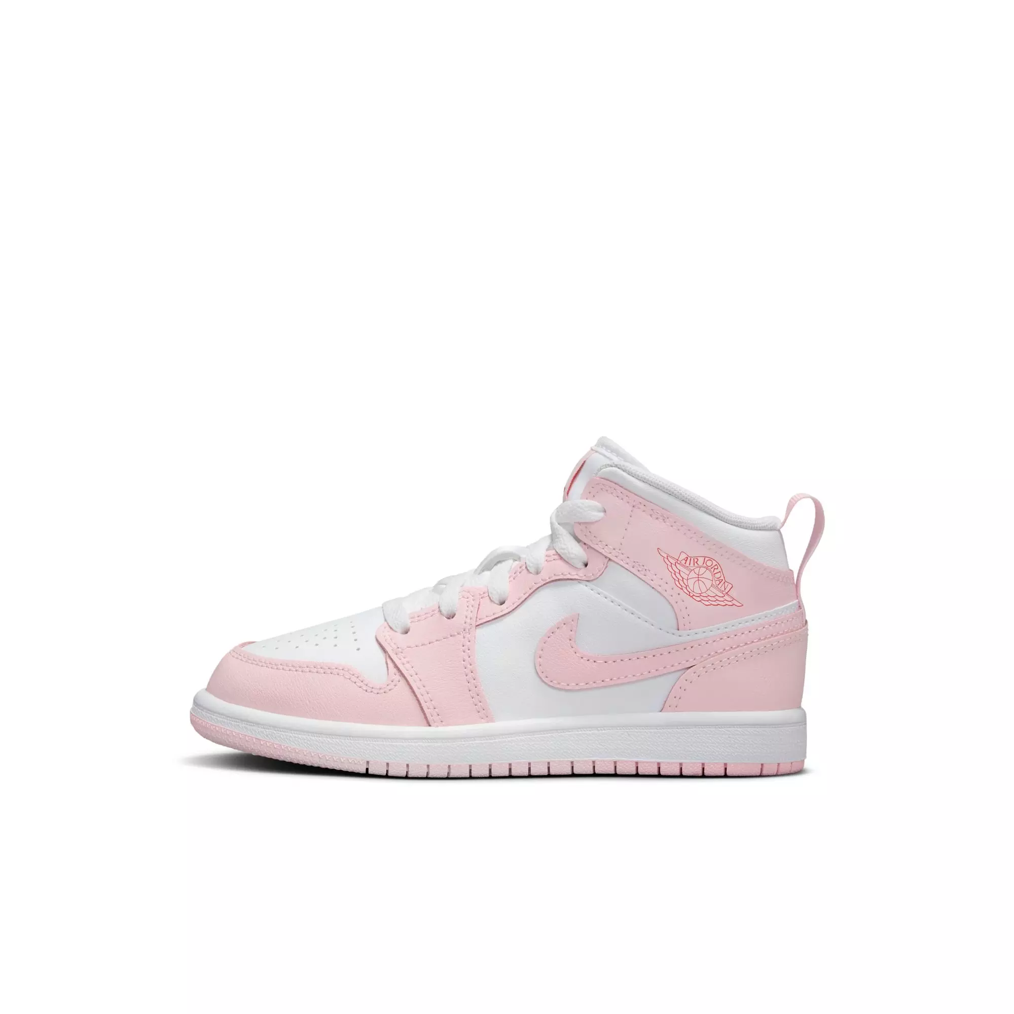 Jordan 1 Mid "Pink Foam/White/Fire Red" Preschool Girls' Shoe - PINK/WHITE