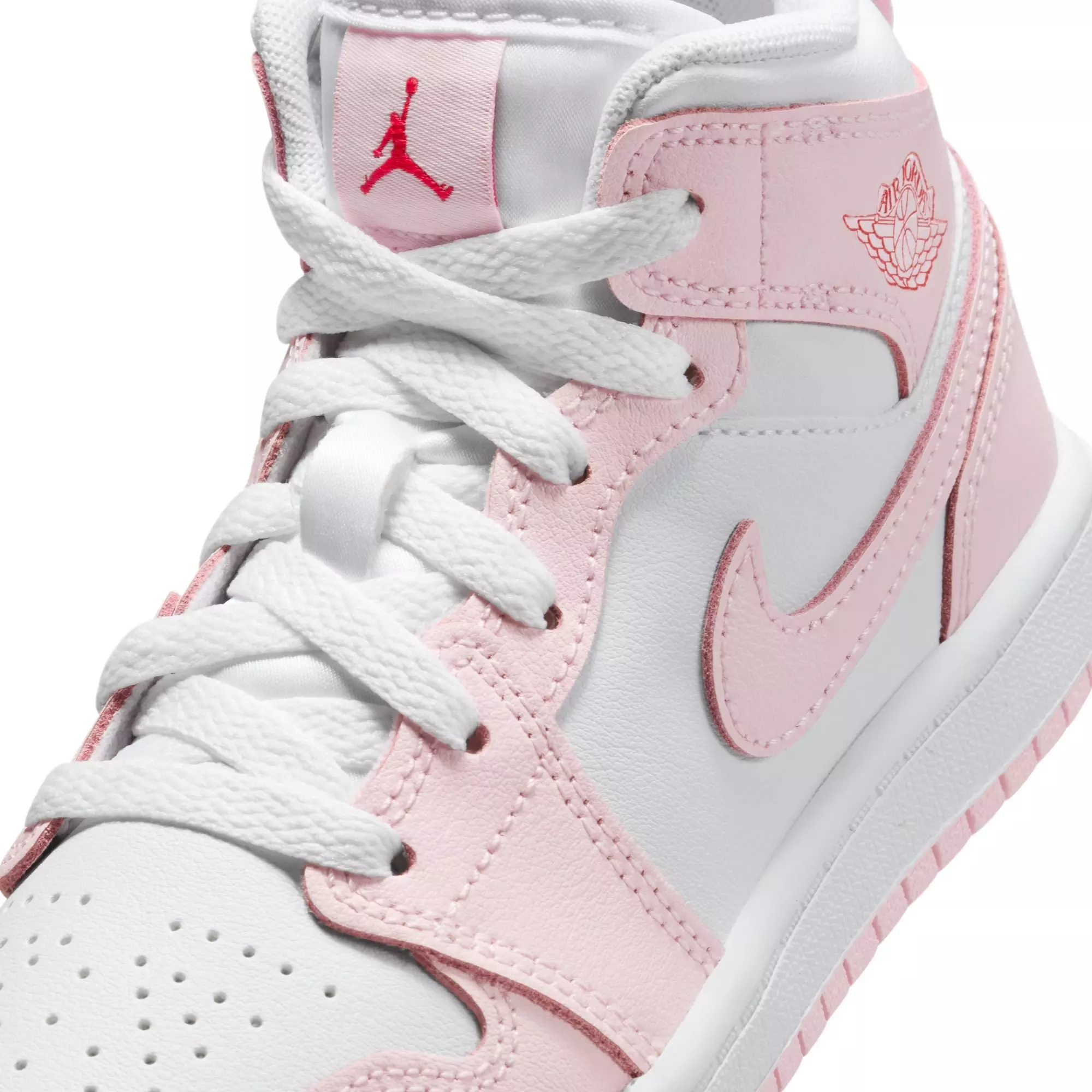 Jordan 1 Mid "Pink Foam/White/Fire Red" Preschool Girls' Shoe - PINK/WHITE