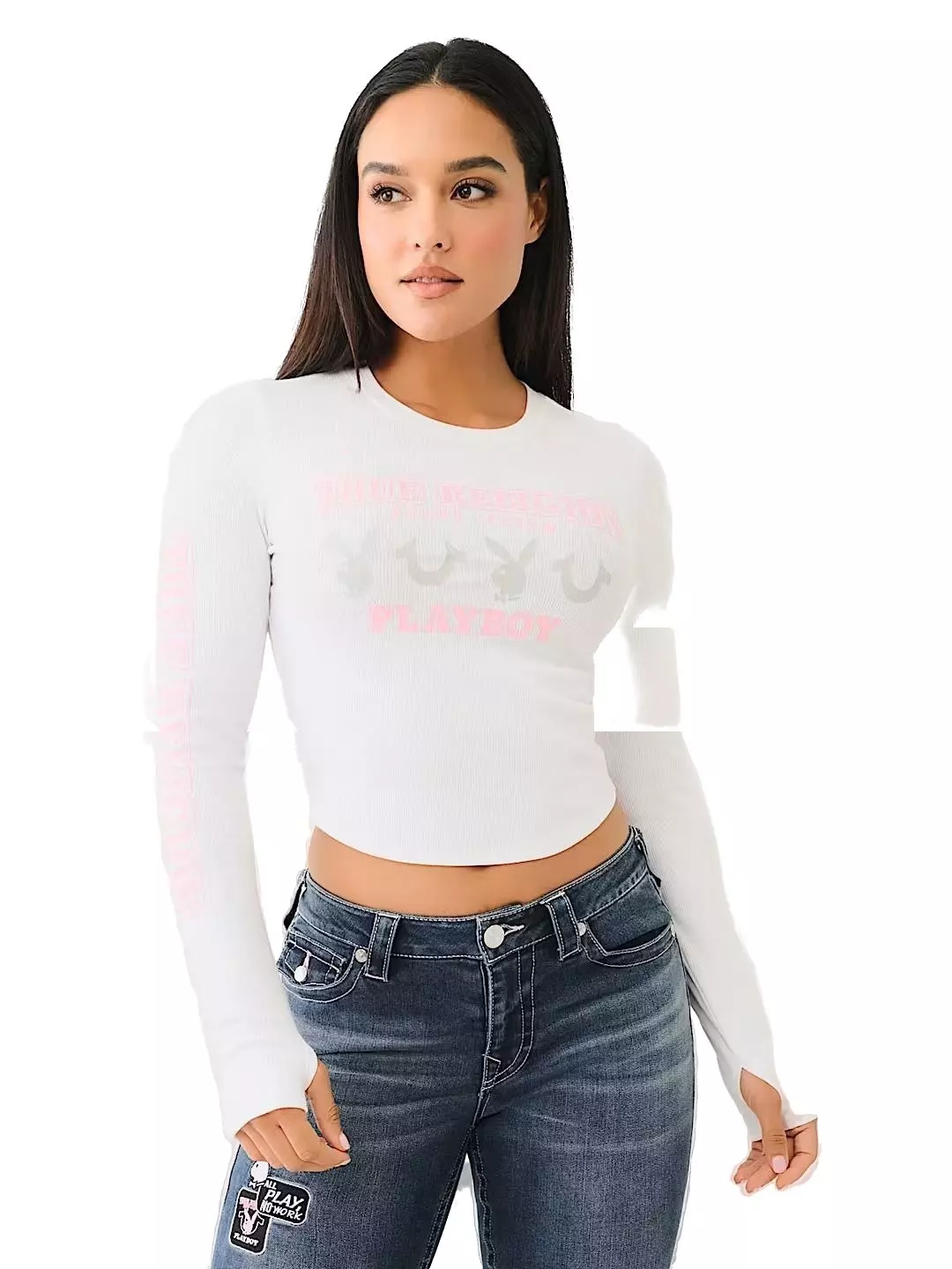 True Religion X Playboy Women's Longsleeve Top with Thumbhole - WHITE