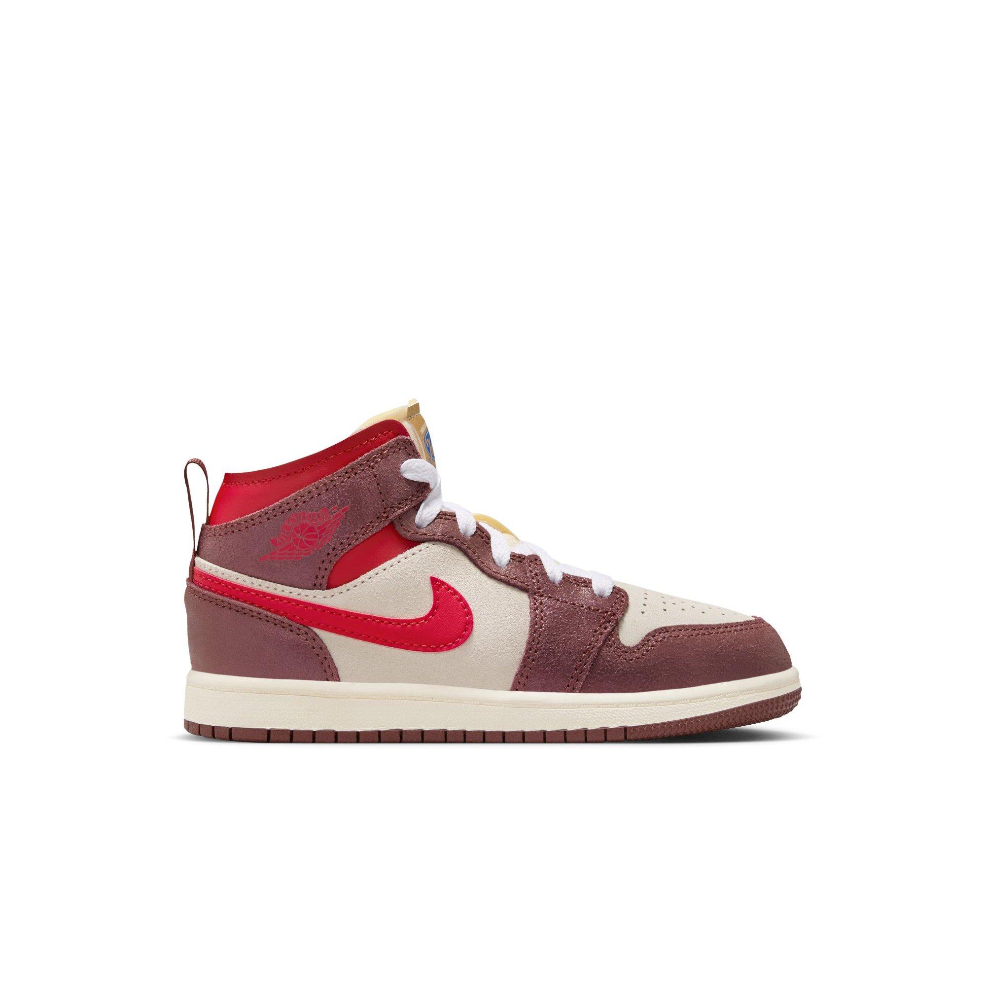 Jordan 1 Mid SE "Coconut Milk/Varsity Red/Dark Pony" Preschool Boys' Shoe