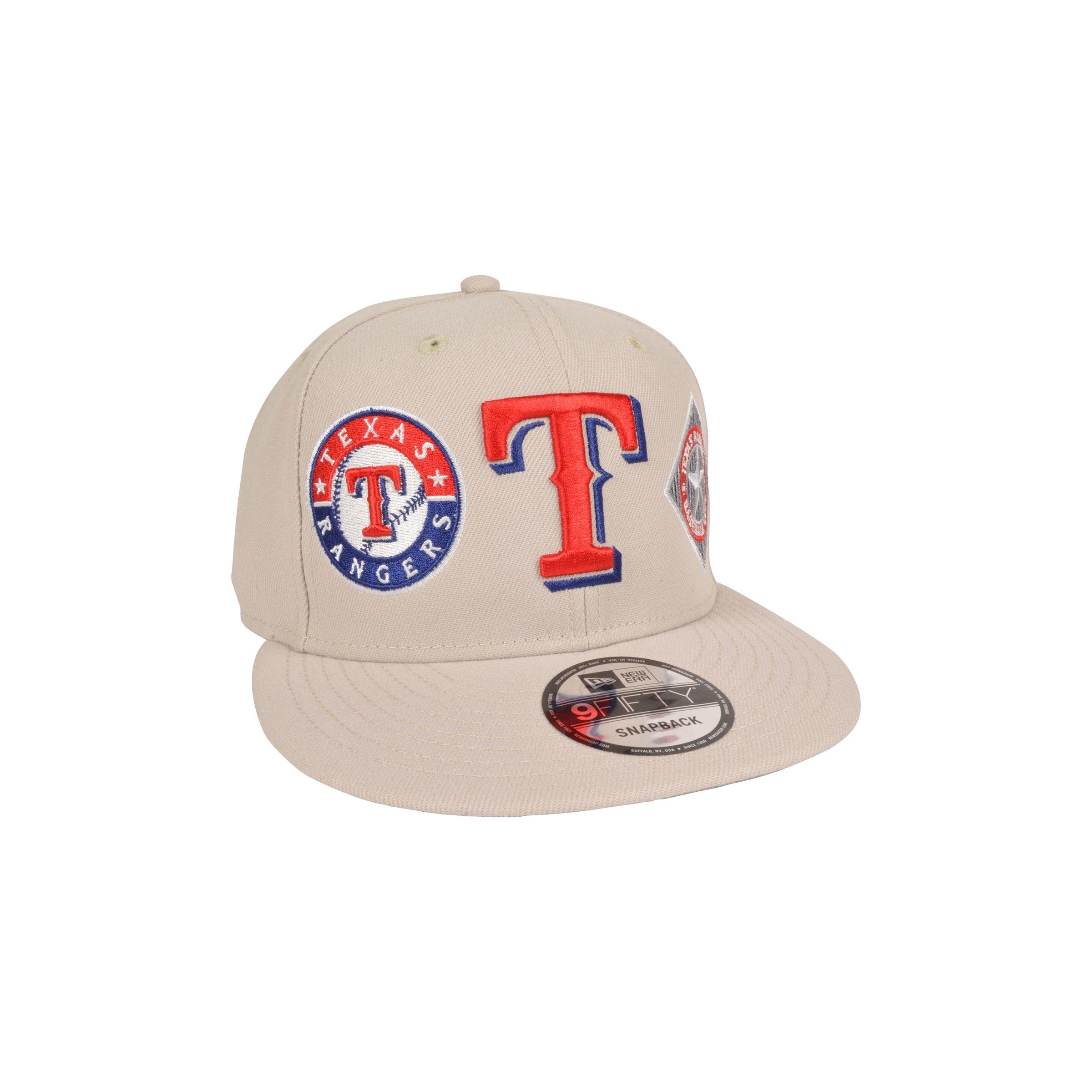 Men’s New Era Texas Rangers 9FIFTY 3 Logo Snapback Hat-Tan/Red