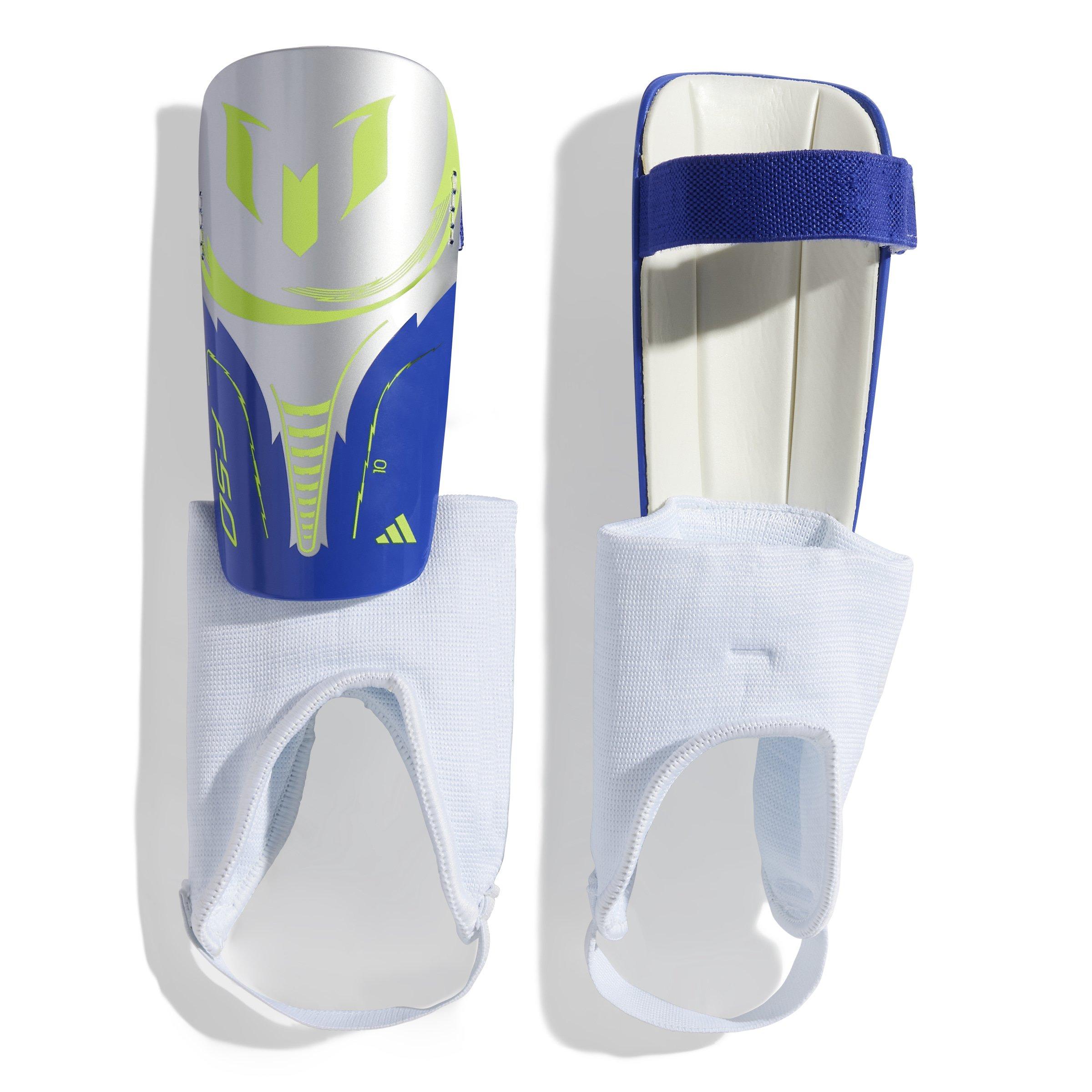 adidas Junior Messi MTC Lucid Blue/Silver Metallic Soccer Shin Guards