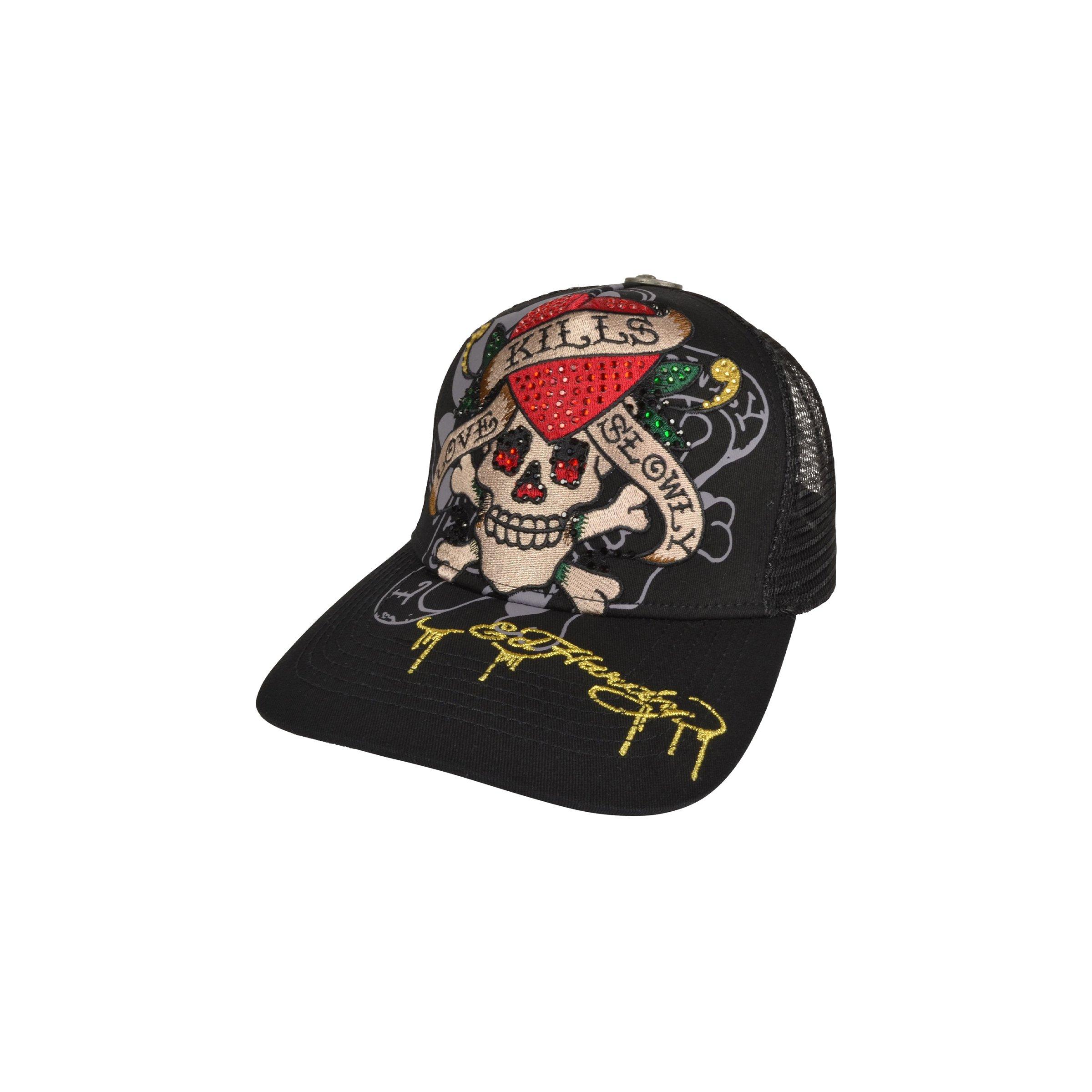 Ed Hardy Rhinestone Love Kills Skull Trucker Snapback-Black - BLACK