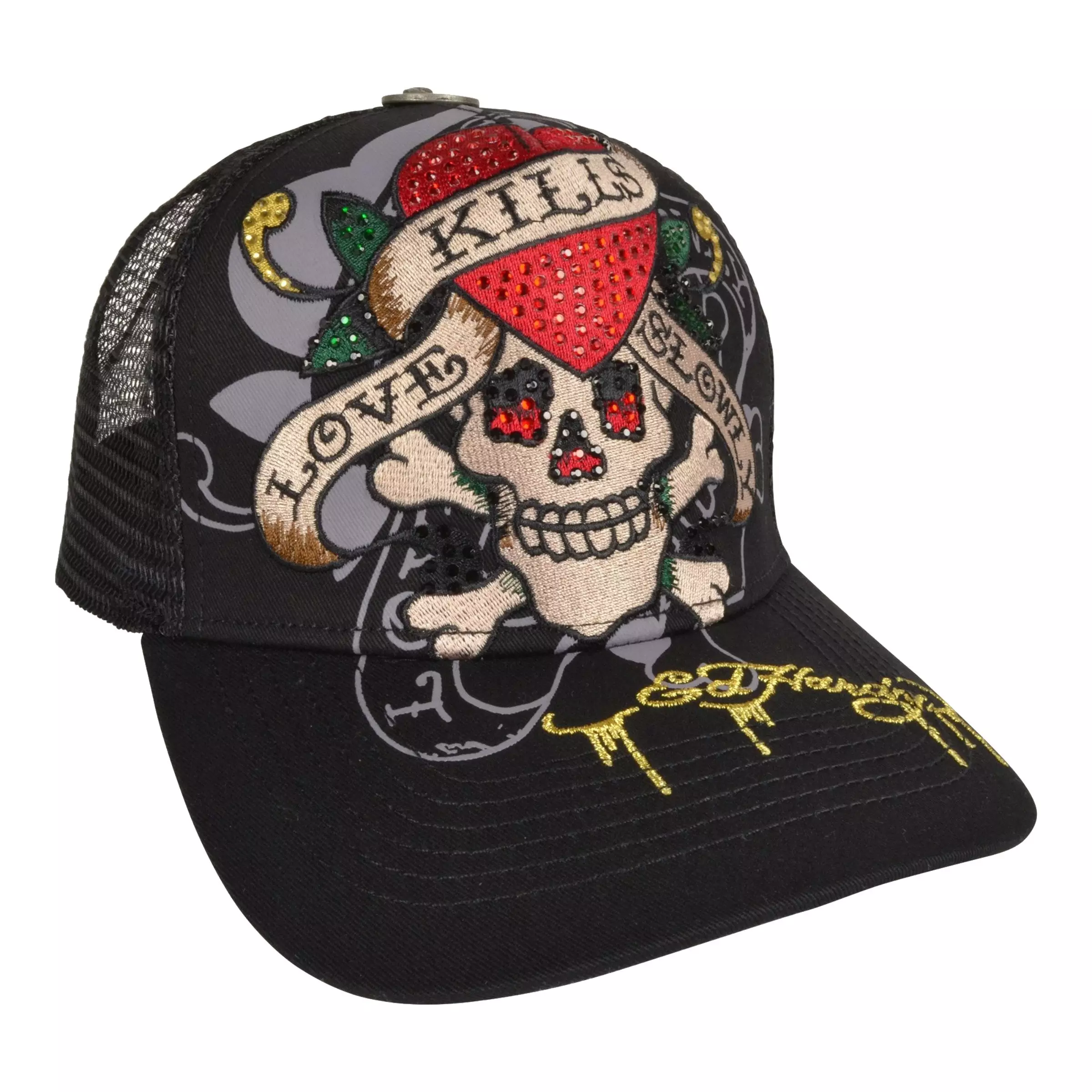 Ed Hardy Rhinestone Love Kills Skull Trucker Snapback-Black - BLACK