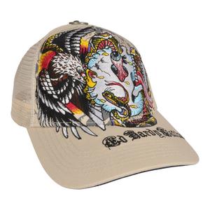 Ed Hardy Embroidered Battle Skull Trucker Snapback-Cream