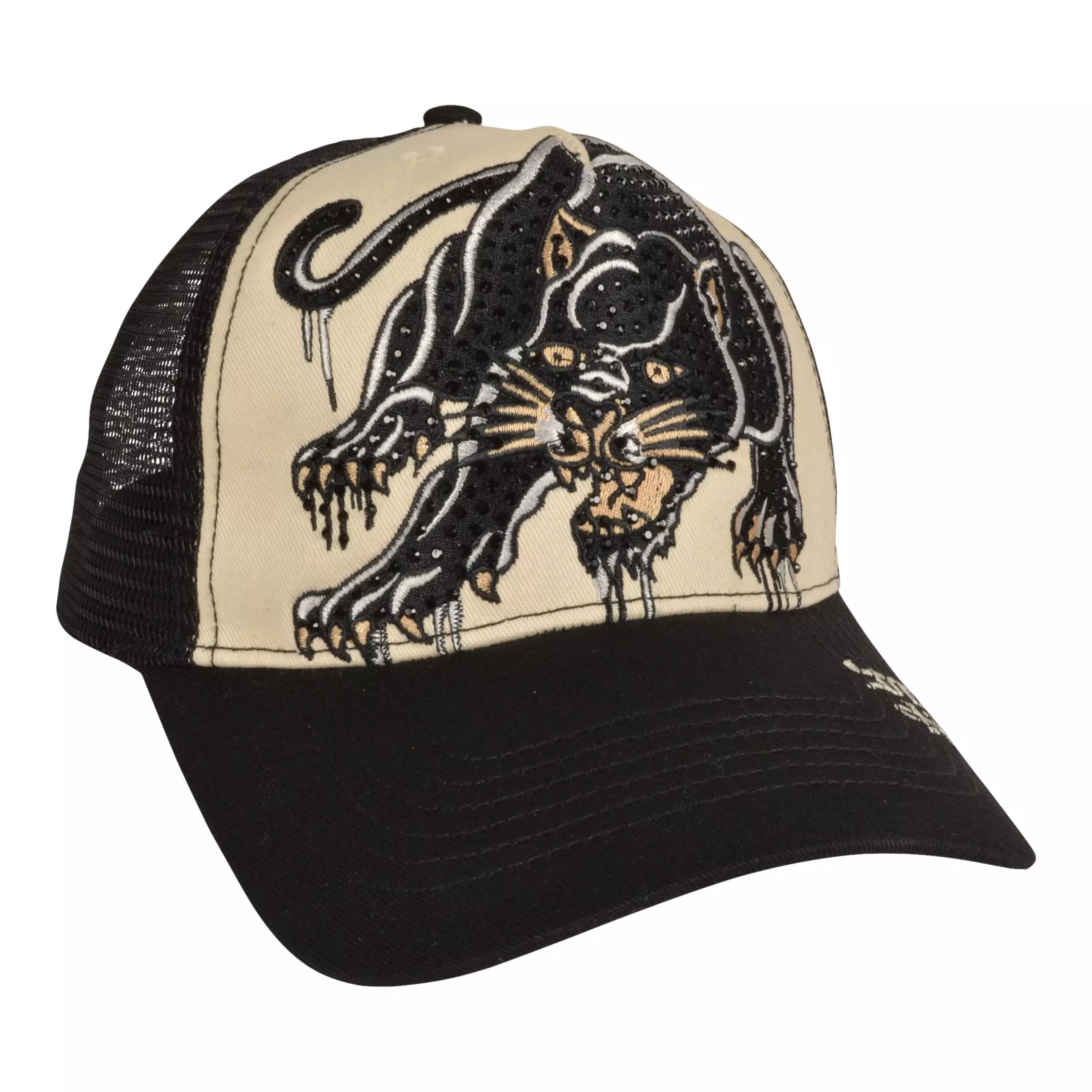 Ed Hardy Rhinestone Panther Trucker Snapback-Cream/Black - CREAM