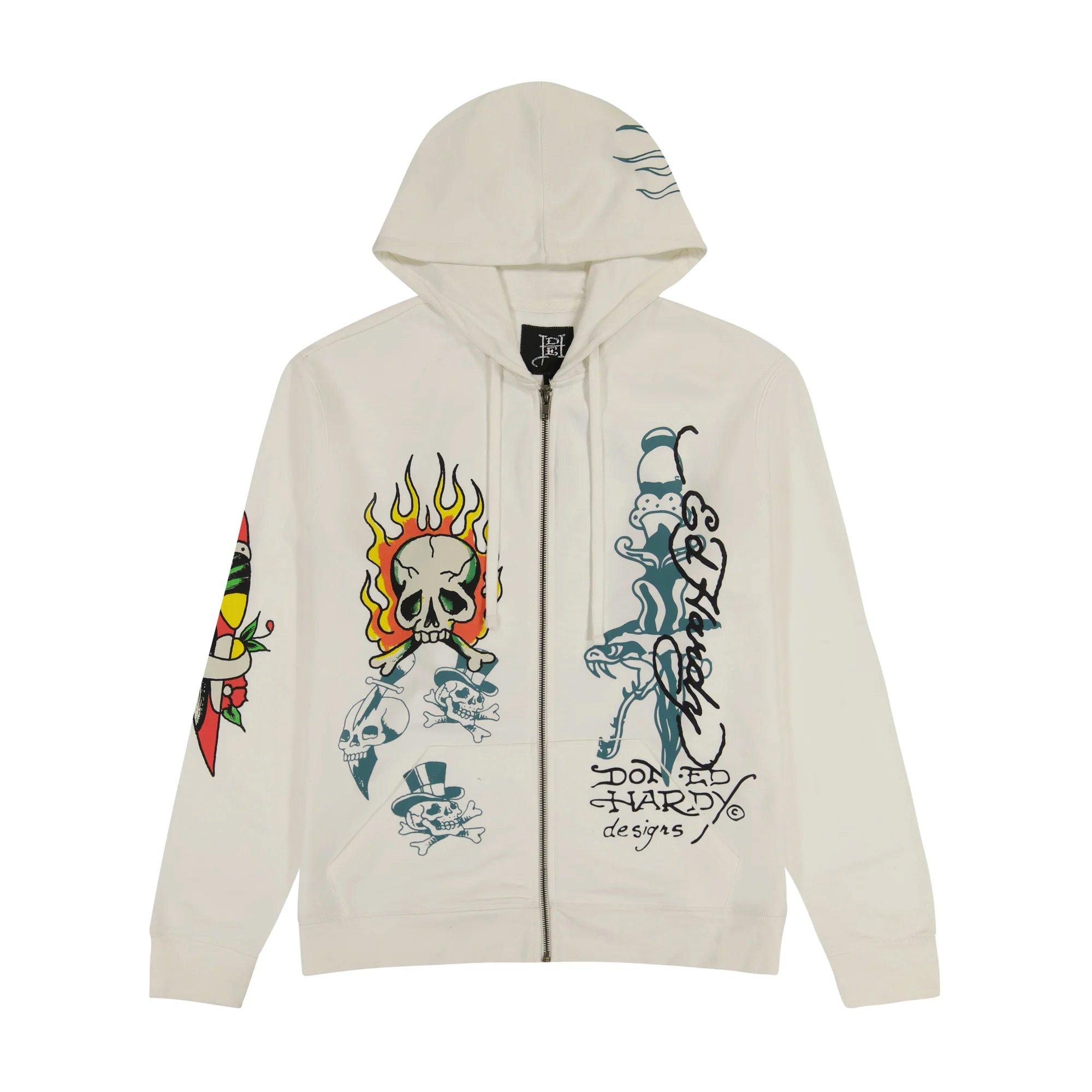 Ed Hardy Men's Flame Skull Hoodie - Ivory - CREAM