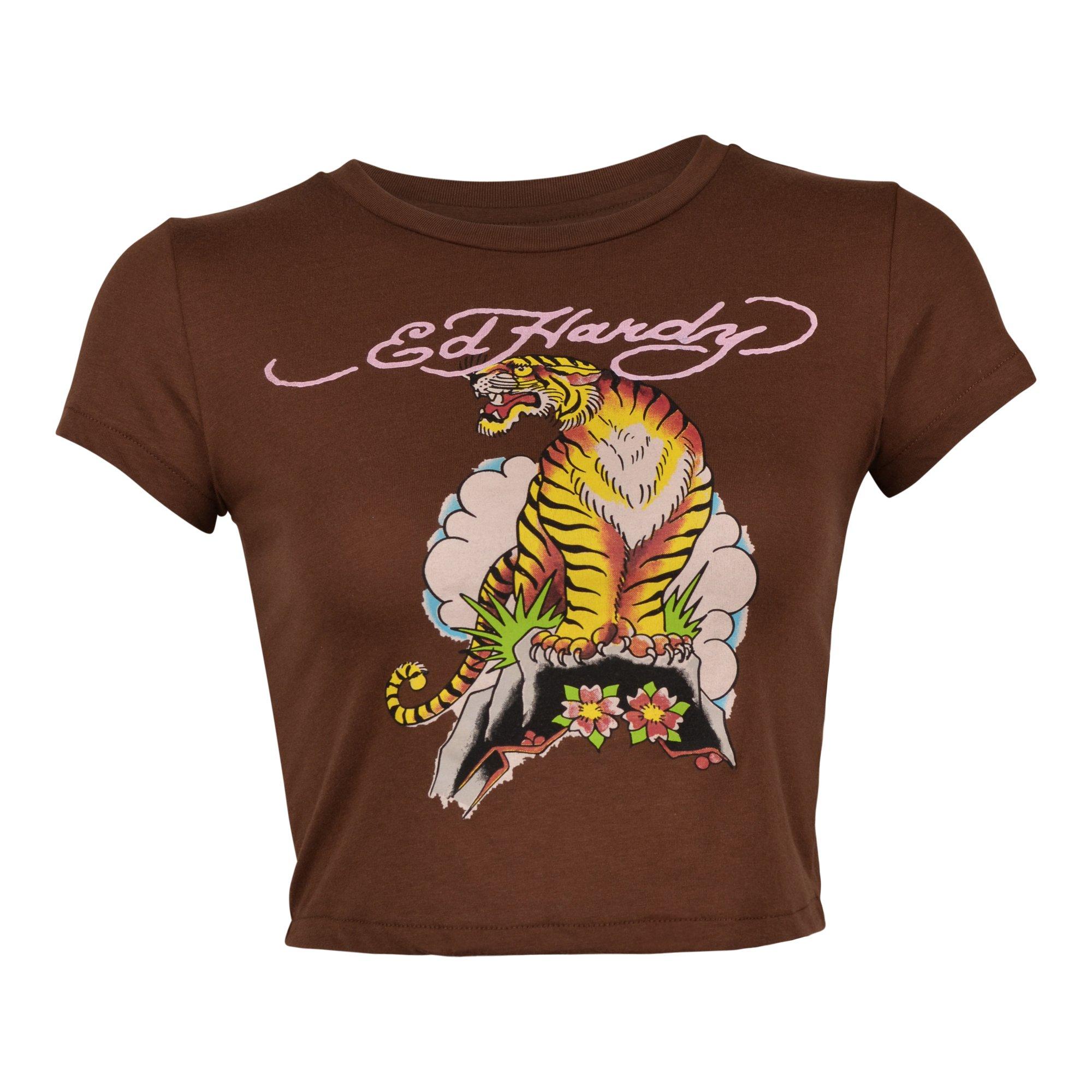 Ed Hardy Women's Tiger Crop Tee - Brown - BROWN