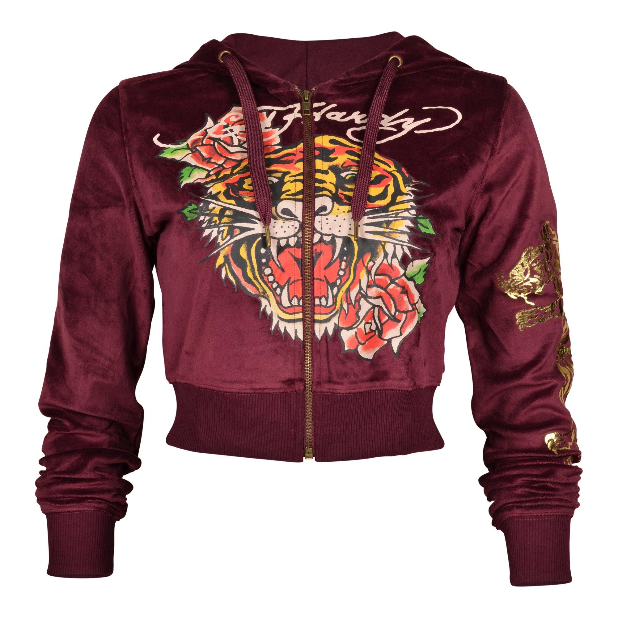 Ed Hardy Velvet Full Zip Tiger Women's Sangria Hoodie