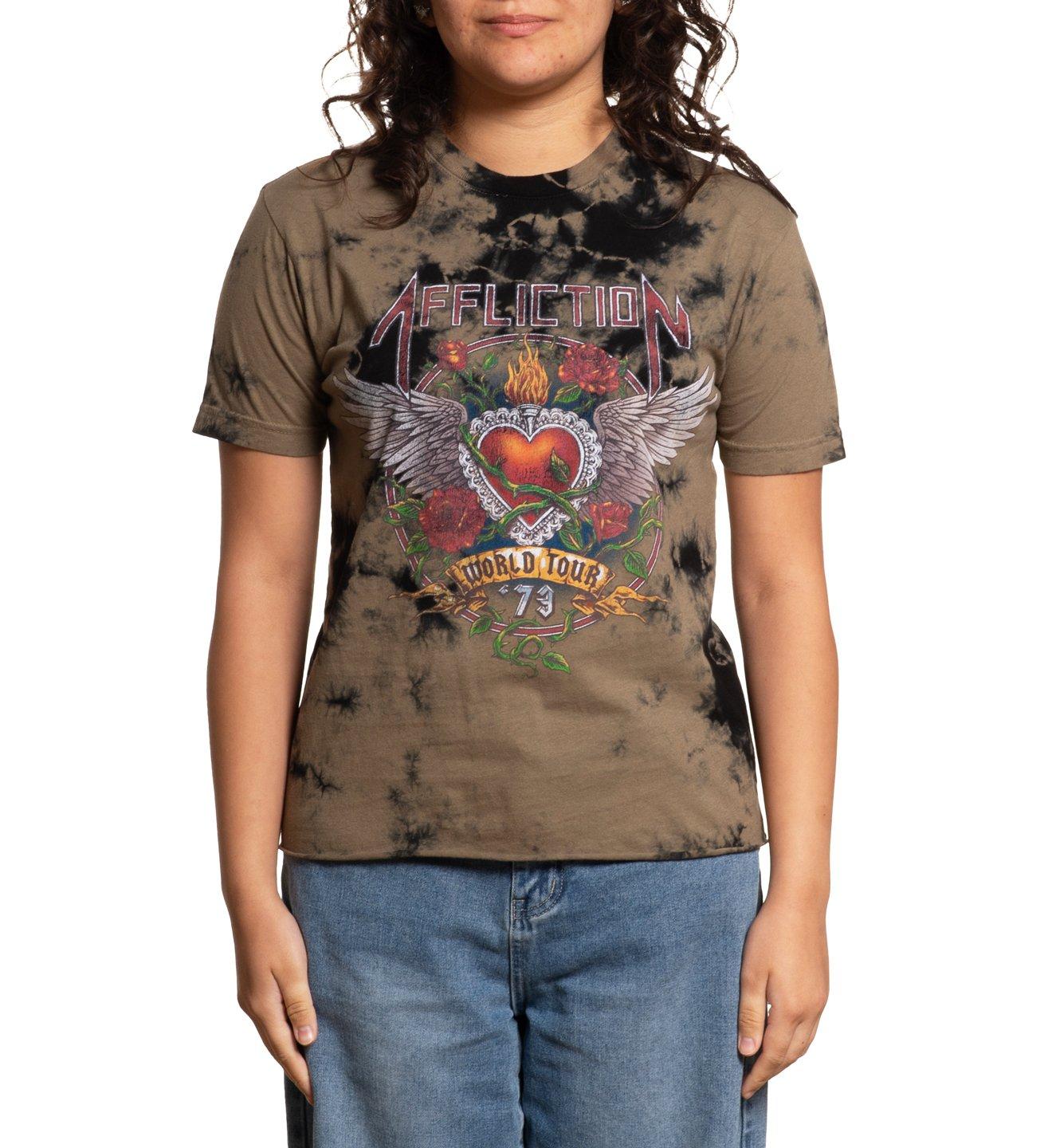 Affliction Women's Heart & Roses Band Tee - Tan - TAN/BLACK Thumbnail View 1
