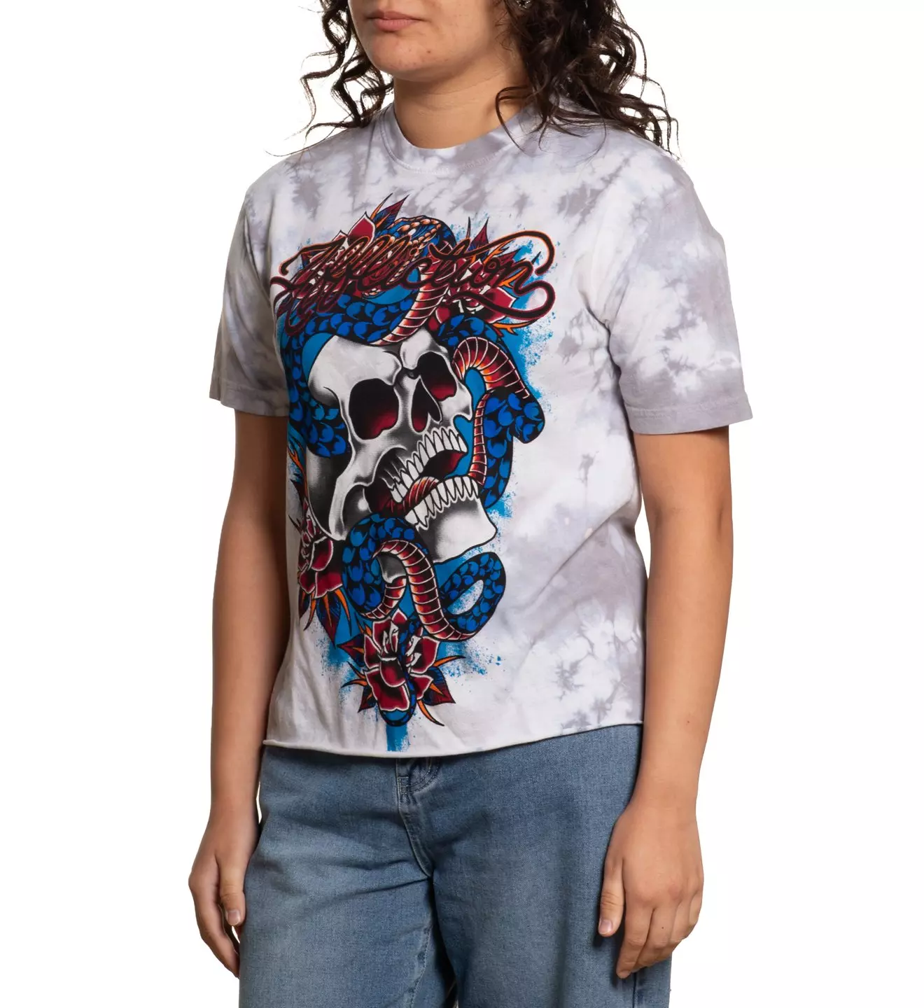Affliction Women's Velvet Sky Snake & Skull Tee - Grey Wash - GREY