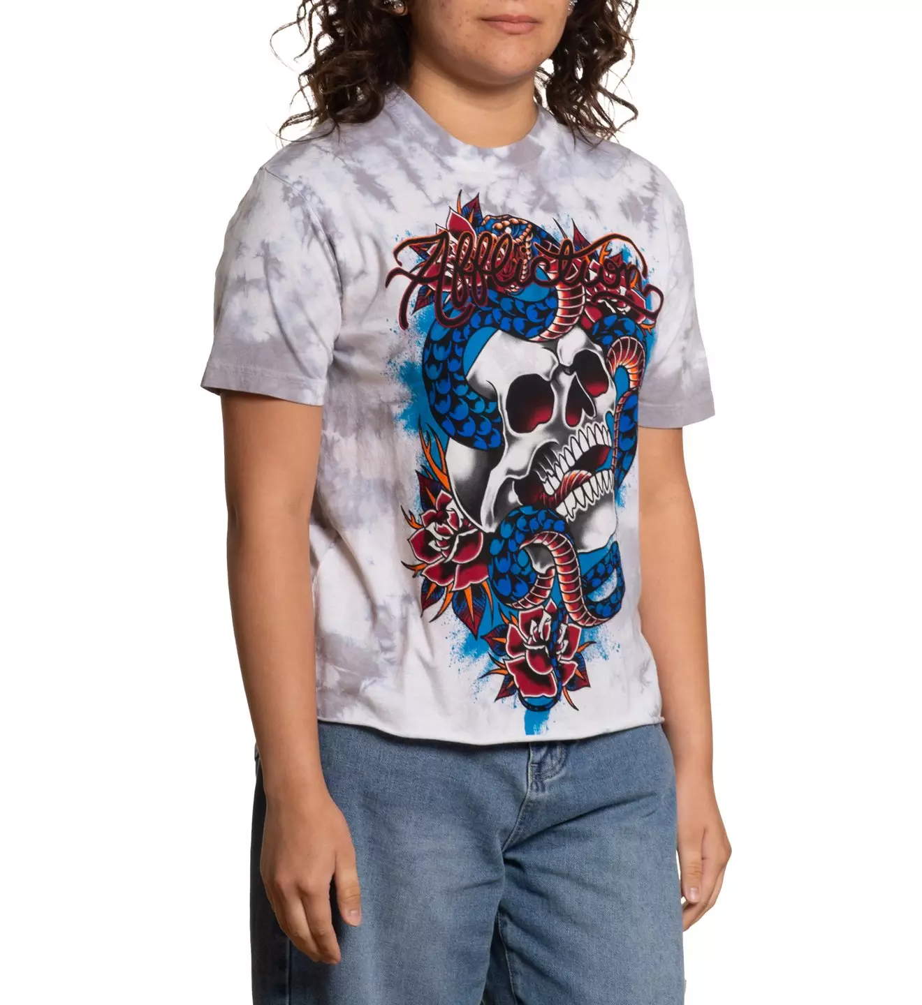 Affliction Women's Velvet Sky Snake & Skull Tee - Grey Wash - GREY