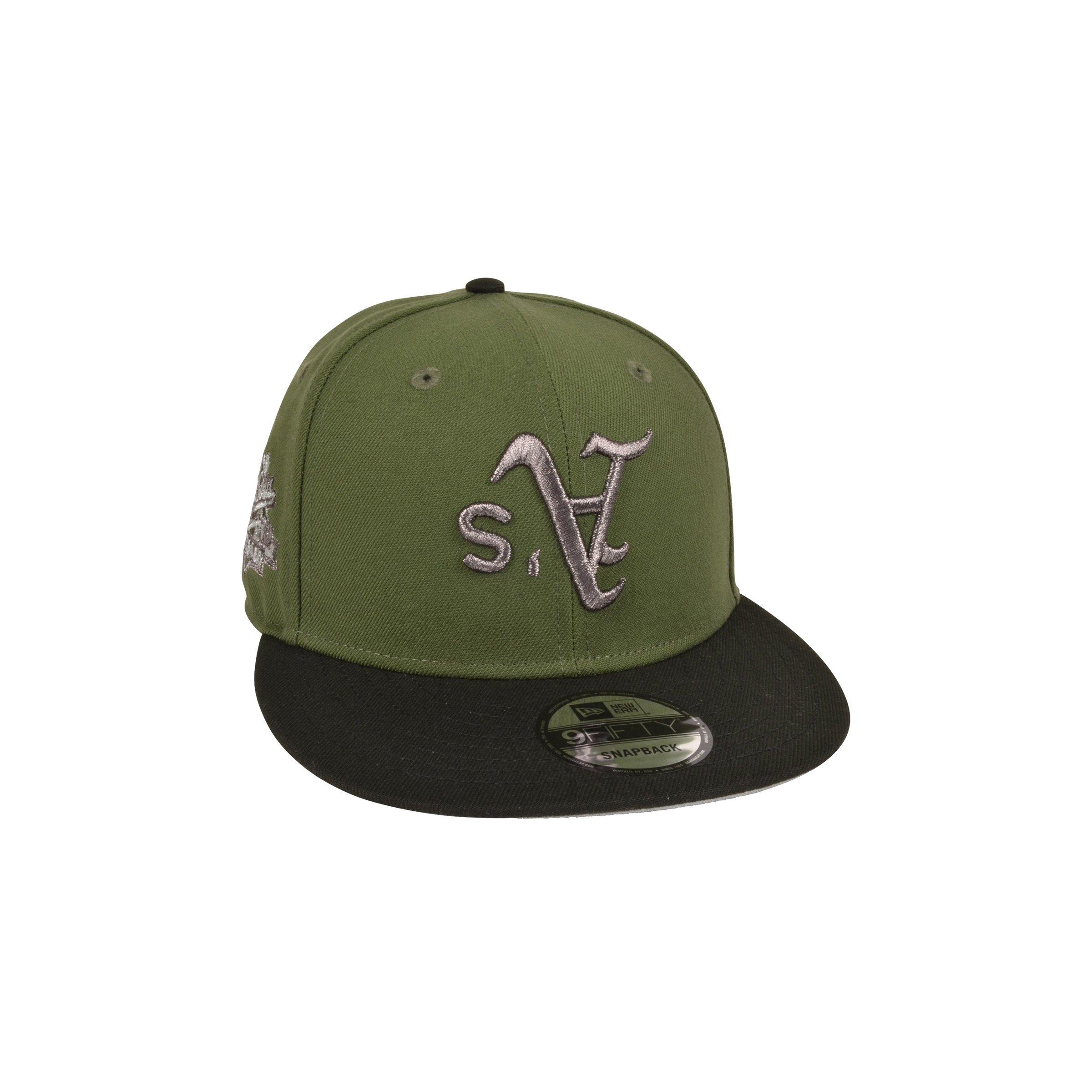 Men's New Era Oakland Athletics 9FIFTY Upside Down Logo Snapback Hat-Olive/Black