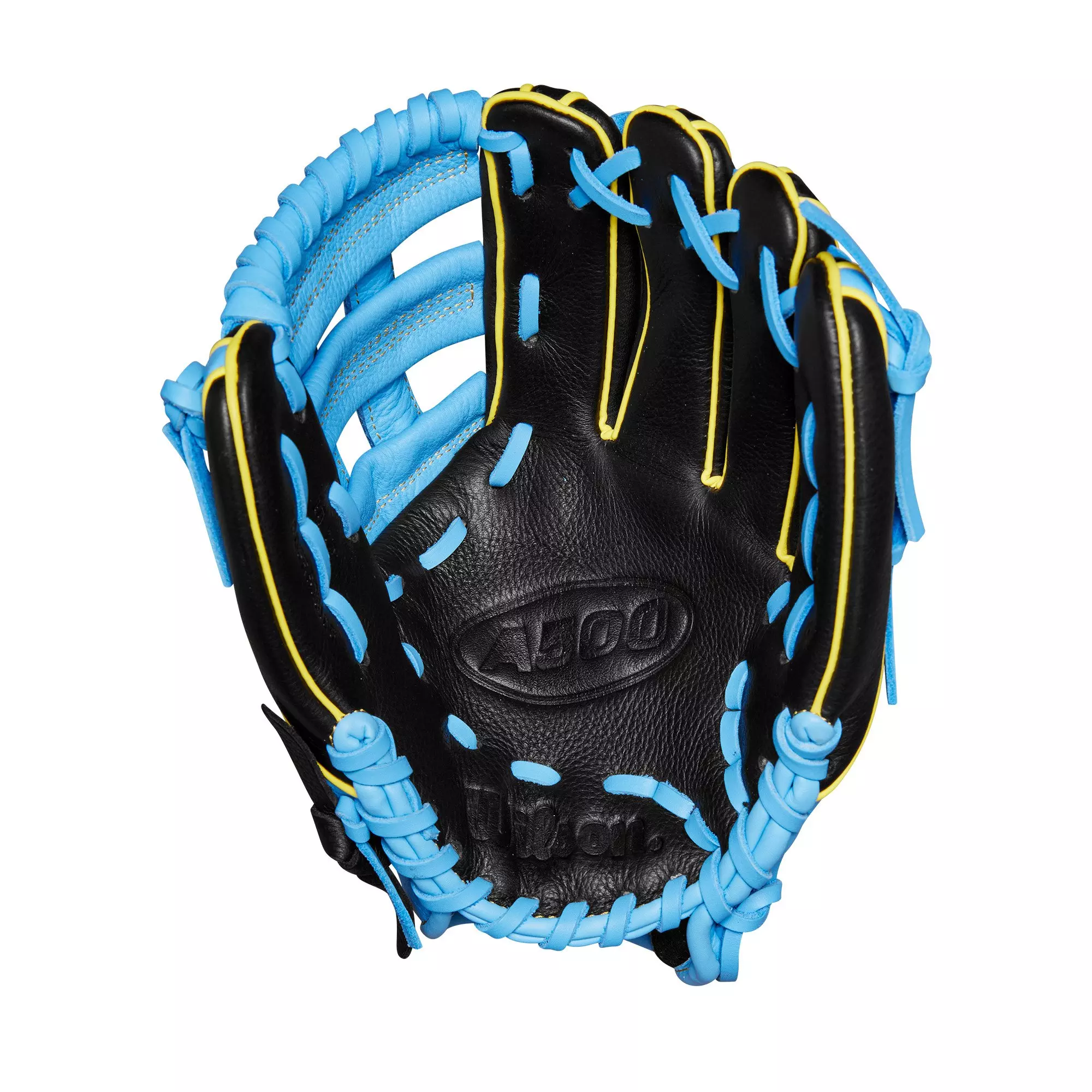 Wilson A500 Youth 10.5” Utility Baseball Glove-Black/Cool Blue/Yellow - BLACK/BLUE